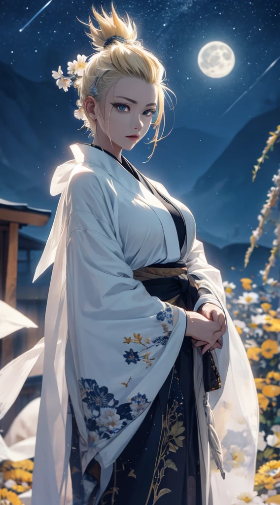 masterpiece, high quality, 4K, Beautiful design, silhouette,Blonde Mohawk,, 非常に詳細な夜のStarry Sky,Flower Field, wonderful, Finer details, Very knowledgeable woman, Highly detailed solo, 1 female,Beautiful Eyes,tears,Big Breasts,White kimono,rain,Night view,Starry Sky,full moon,