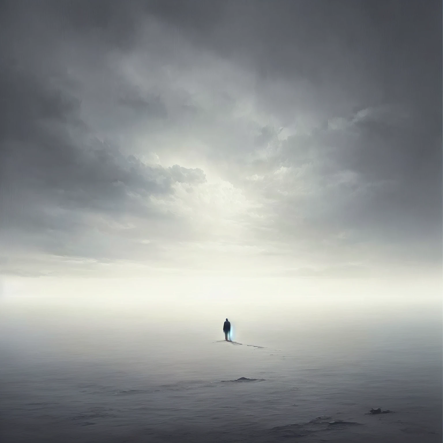 Arafed Bild einer einsamen Person, which covers a wide area, Mischa Gordin, “lonely dark figure”!!, inspired von Michal Karcz, Horizont, Einsamkeit, verloren in der Leere, Zdzislaw Beksisnski, surreales Foto, sense of mystery and Einsamkeit, people walking into the Horizont, von Michal Karcz