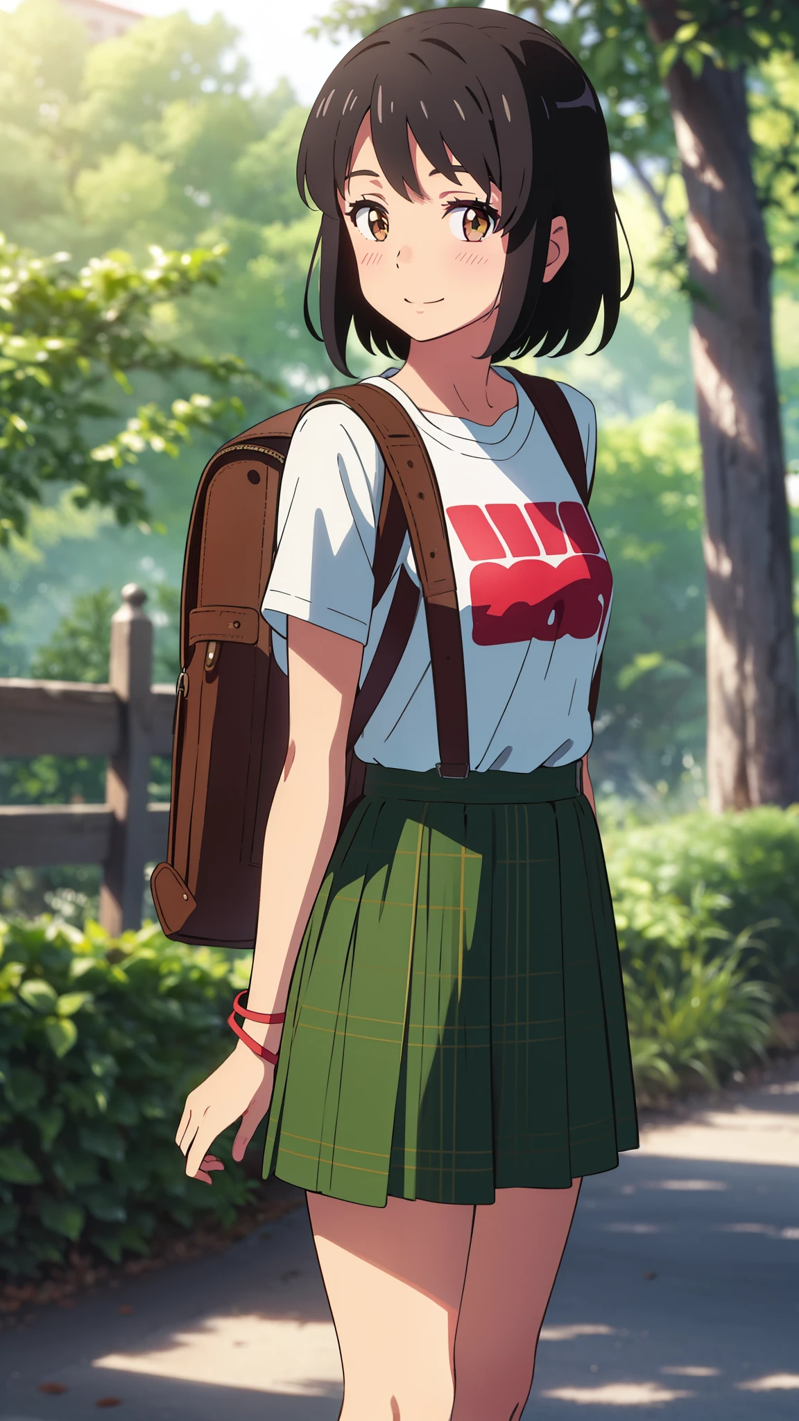shinkai makoto, kimi no na wa., 1girl, bangs, black hair, blush, bright eyes, brown eyes, red headband, red ribbon, bracelet, short hair, cute, beautiful, shinny skin, looking at viewer, smile, cute, solo, casual shirt, t-shirt, green skirt, plaid skirt, outdoors, forest background, backpack, explorer, gloves