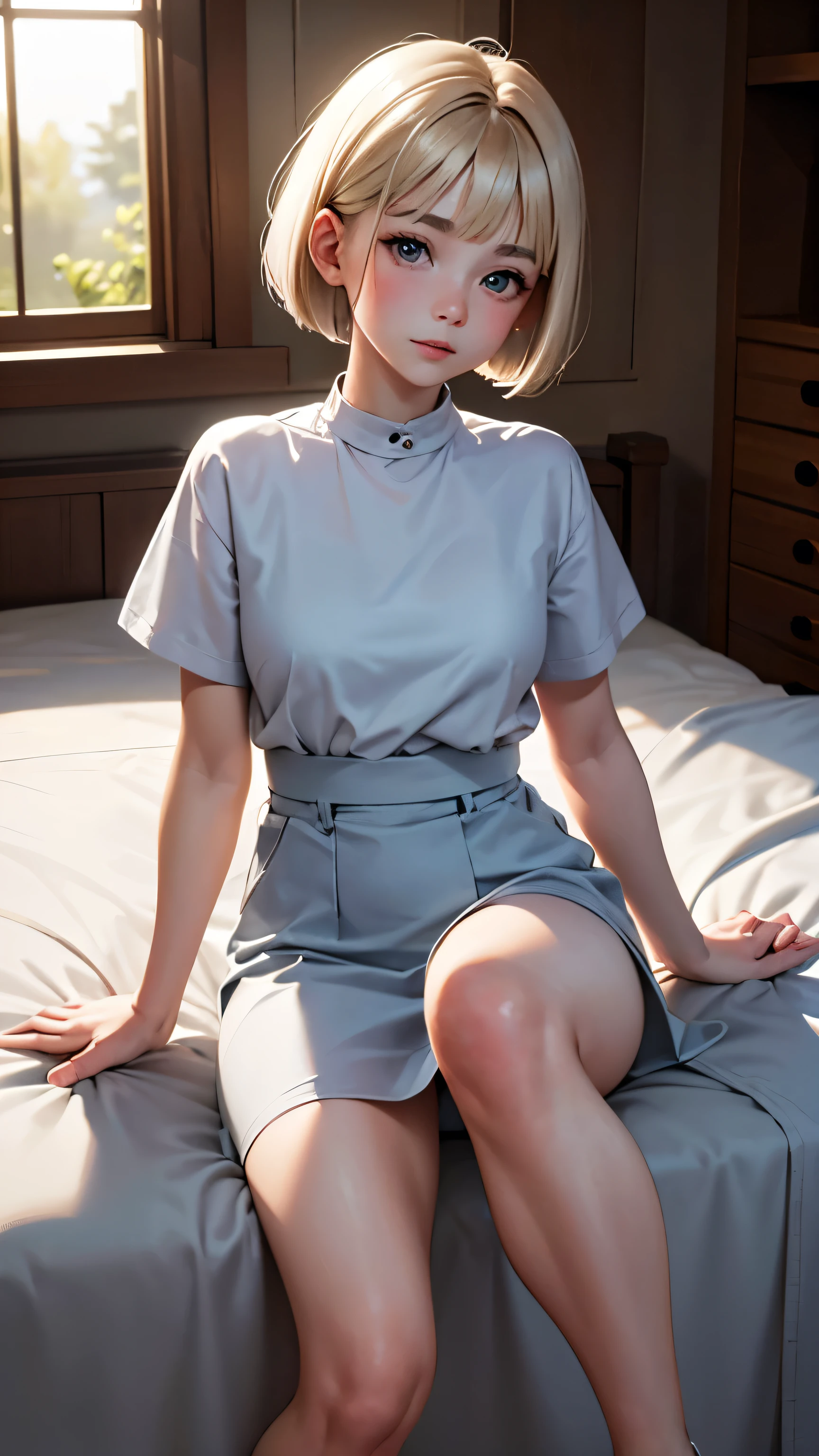 short hair, Short hair with bangs, Woman with pretty face,Cute little face, French Bob, White skin, Short brown hair and big eyes, Full body portrait shot 8k, Beautiful light、Big eyes, Beautiful woman, Young woman with bob cut, Full Shot,Best image quality, 