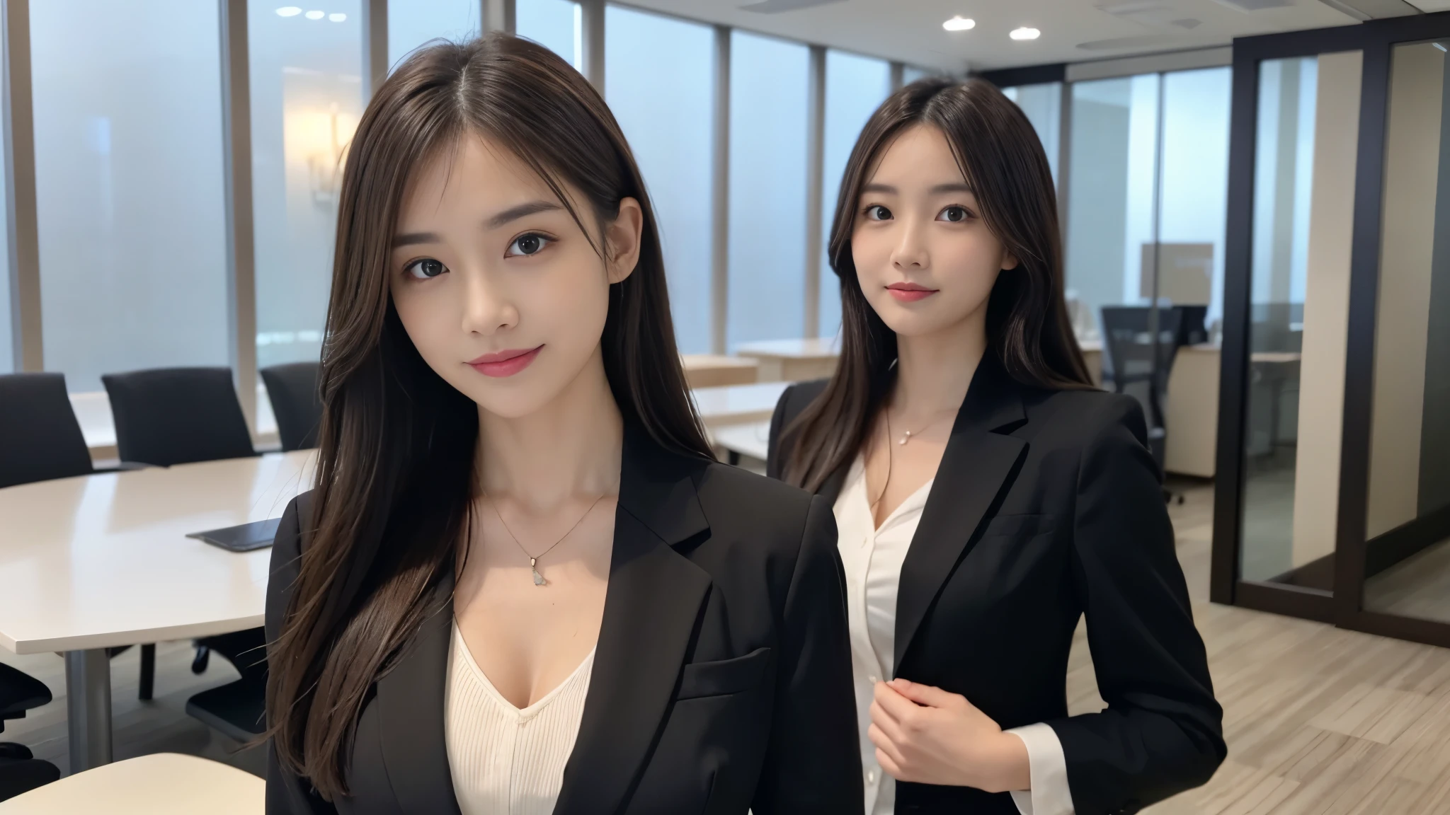 Tabletop、highest quality、Genuine、Very detailed、finely、High resolution、8k wallpaper、One beautiful woman、、Light brown messy hair、Wear a business suit、Sharp focus、Perfect dynamic composition、Beautiful fine details、Thinning hair、詳細なGenuineな肌の質感、Cute Smile、Model Body Type、It is explained here、conference room、looking at the camera、Are standing