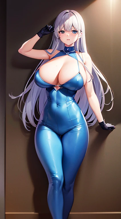Laquadia,Big Breasts,jewelry,Gray Hair、Long Hair、High resolution、high quality、Long gloves、Blue swimsuit、青いLong gloves、超High resolution, (Film Grain: 1.4)、very, very big breasts、Troubled face、Nipple Pochi、horn、Erect nipples