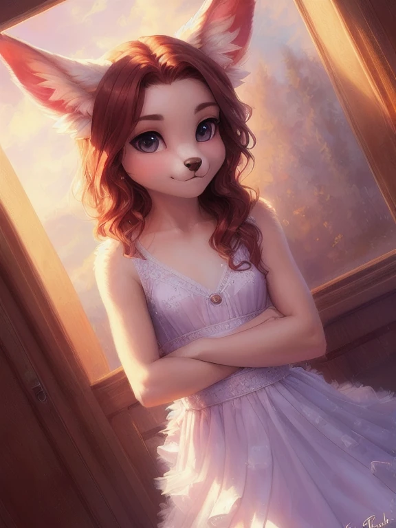 (source_e621), A beautiful and detailed (sweet portrait), ((young domestic dog)), Small breasts, Hochgeladen E621, detailed flauschige fur, (von Fluff-Kevlar, Bayard Wu, personalami, Pino Daeni), 1girl, tight dress, innocent look, adorable, full body, facing viewer, on bed, missionary position, 1girl, realistic, ultra sharp image, view from above, (solo), absolutely stunning, ultra clear, skinny waist, sharp image quality, perfect lighting, fluffy ears, fluffy tail, source_furry, thin figure, best quality, masterpiece,