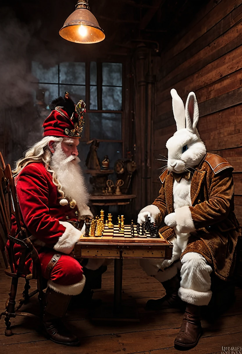 Santa Claus and the easter bunny playing chess against each other, image from a distance in a fire lit room, room decked out in steam punk style
