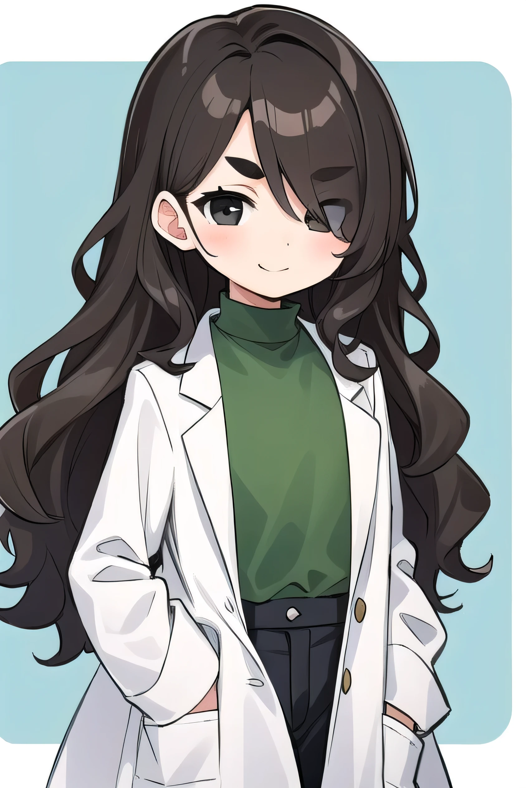 9 years old, elementary school student, young, brown hair, hair that falls over one eye, super long hair, wavy hair, thick eyebrows, black eyes, gentle smile, moe sleeves, short, flat chest, green shirt, doctor coat
