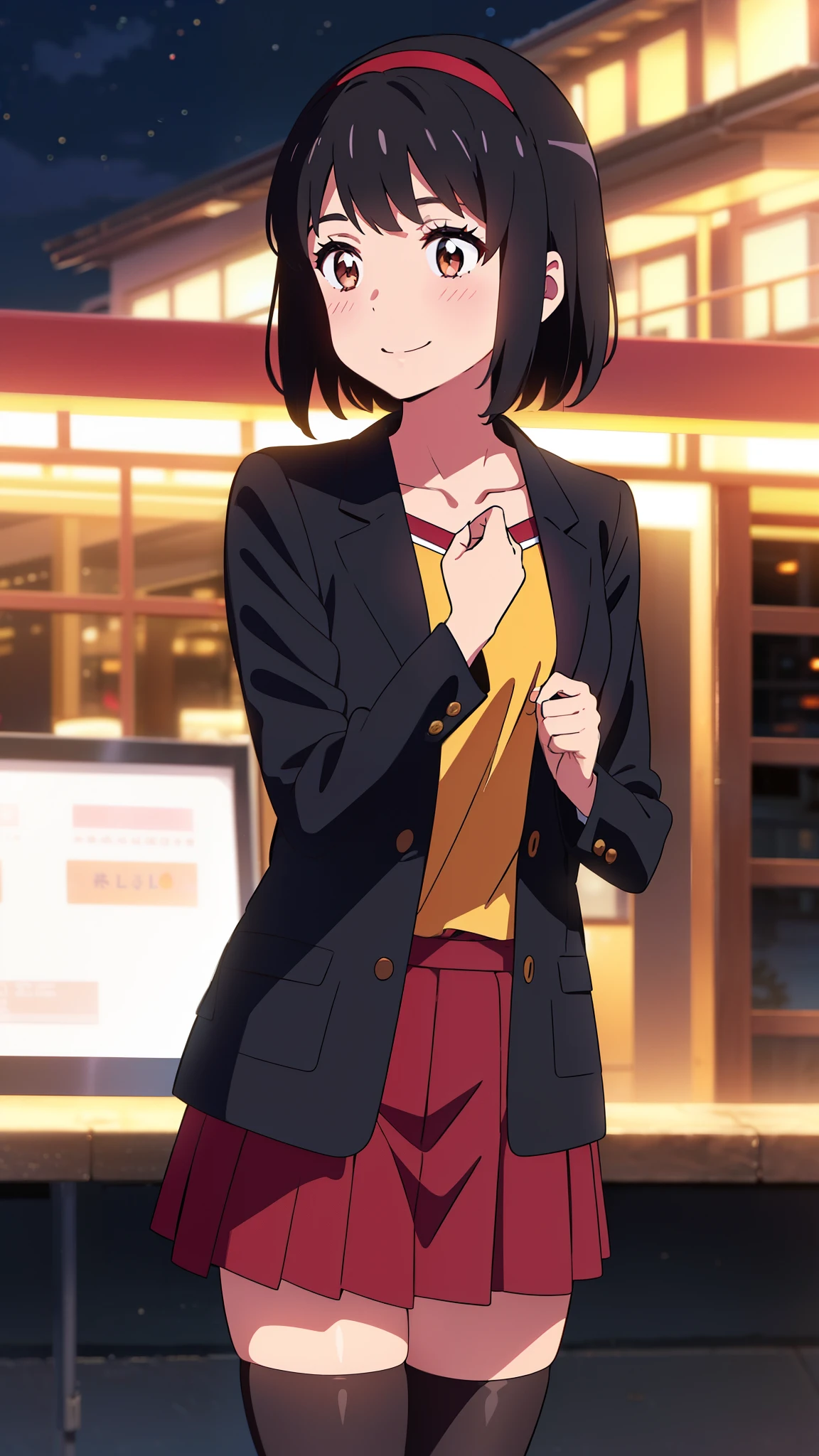 shinkai makoto, kimi no na wa., 1girl, bangs, black hair, blush, brown eyes, idol, idol dress, collarbone, red headband, red ribbon, open jackets, red skirt, short skirt, black thighhighs, short hair, smile, cute, solo, outdoors, night background, dynamic light, park, upper body