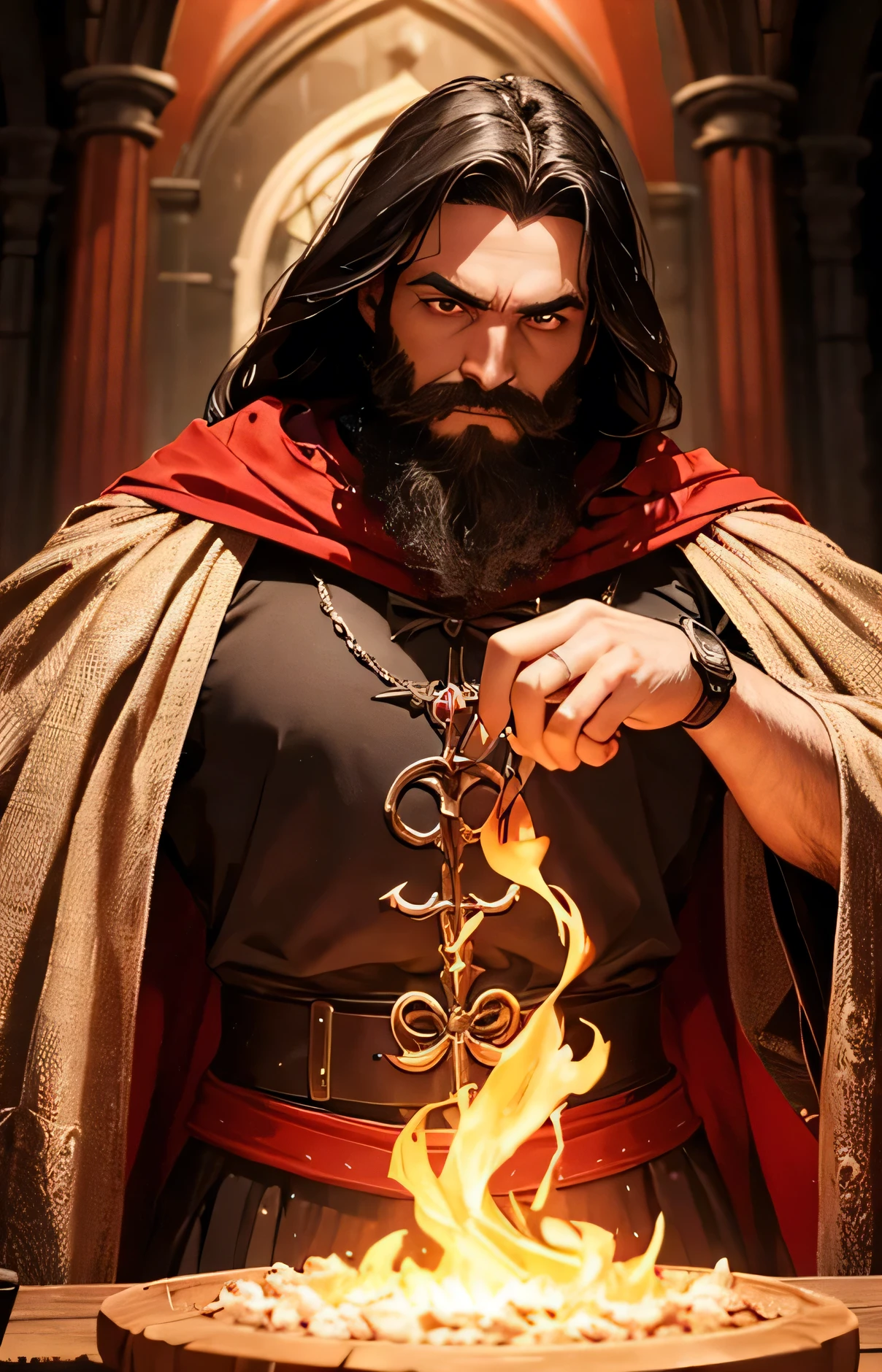 Necromante maligno manipulando magia vermelha, macho, barba, comerciante medieval, detalhado, Cinematic Lights, High definition, ultra High definition , ,