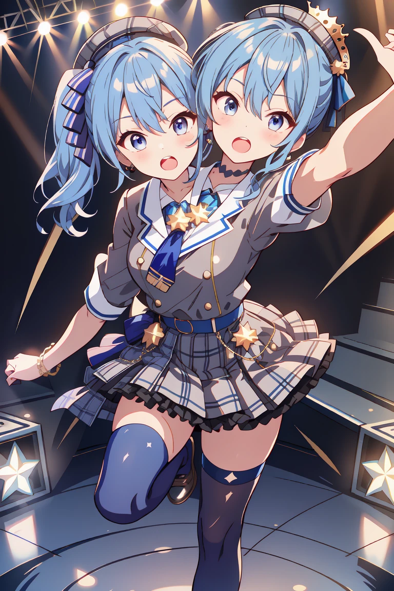 (masterpiece, best quality), best resolution, 16k, (2heads:1.5), full body, 1girl, solo, HoshimachiSuisei, side ponytail, blue hair ribbon, SuiseiBase, plaid beret, crown, blue star choker, star earrings, blue ascot, plaid jacket, plaid skirt, layered skirt, partially fingerless gloves, star bracelet, uneven legwear, thigh strap, (standing, stand straight), look at viewer, ((own hands together, praying hangs)), (cheek-to-cheek), singing, open mouth, stable, concert stage, starfield, spotlight