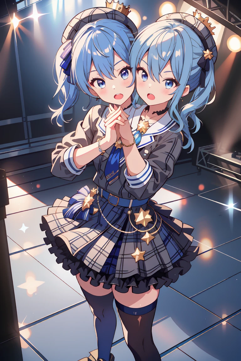 (masterpiece, best quality), best resolution, 16k, (2heads:1.5), full body, 1girl, solo, HoshimachiSuisei, side ponytail, blue hair ribbon, SuiseiBase, plaid beret, crown, blue star choker, star earrings, blue ascot, plaid jacket, plaid skirt, layered skirt, partially fingerless gloves, star bracelet, uneven legwear, thigh strap, (standing, stand straight), look at viewer, ((own hands together, praying hangs)), (cheek-to-cheek), singing, open mouth, stable, concert stage, starfield, spotlight