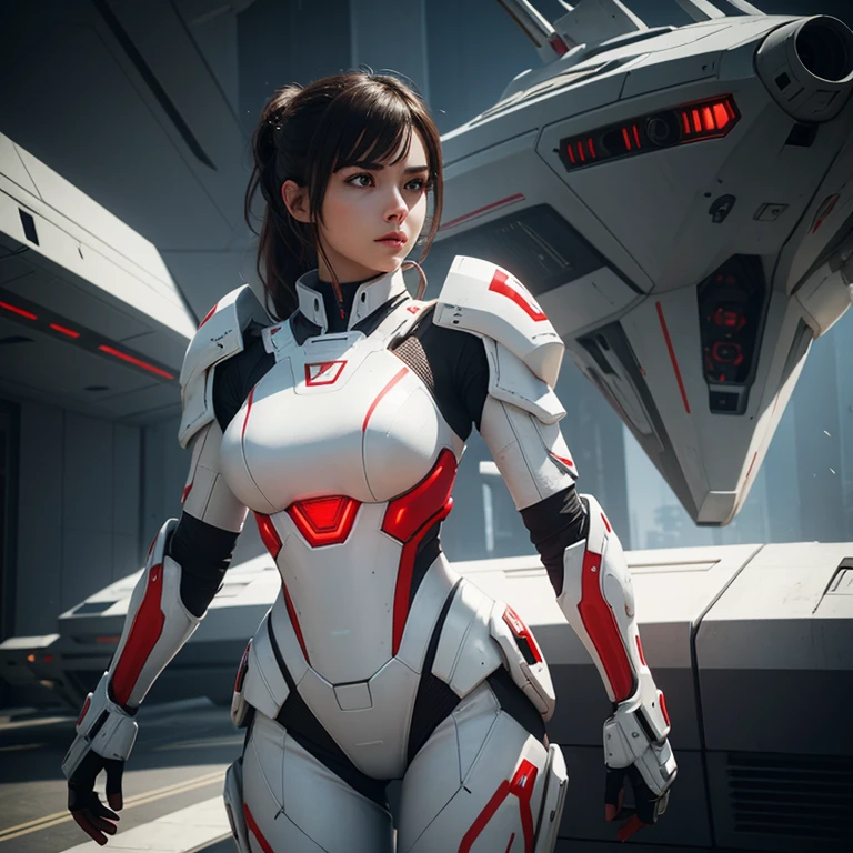 a young beautiful woman in white and red high-tech armor with an electric rifle on her shoulder stands half-turned. In front of her is a futuristic spaceship. Full frame in Unreal Engine 5 style. light and shadow
