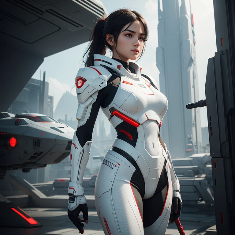 a young beautiful woman in white and red high-tech armor with an electric rifle on her shoulder stands half-turned. In front of her is a futuristic spaceship. Full frame in Unreal Engine 5 style. light and shadow