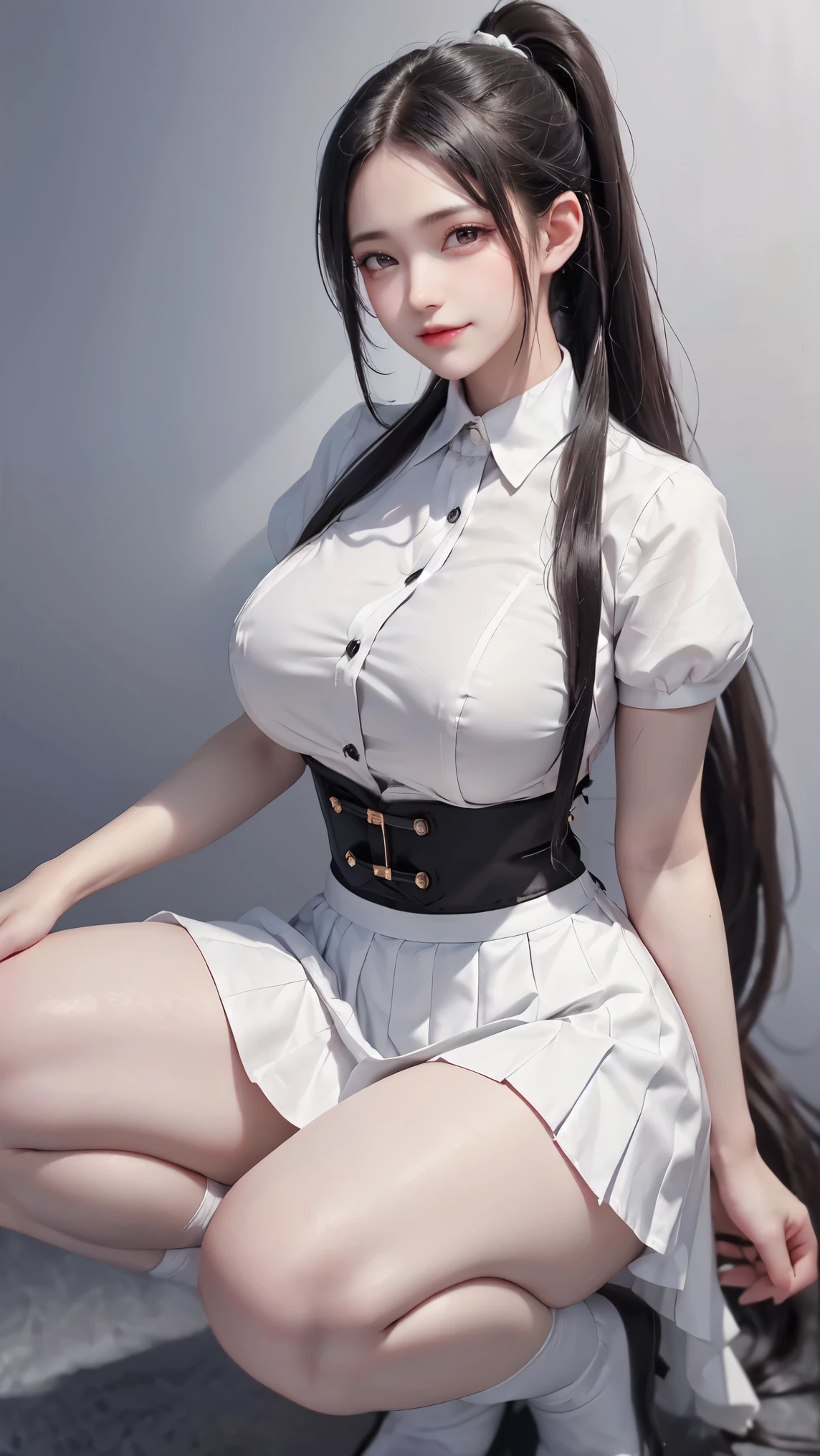 1 lady,12 years old,dark hair,Beautiful ponytail hairstyle, (high waist skirt:1.3),, (White shirt:1.3), (Double breasted,underbust:1.2), short sleeves, Button gap,moan,,Sweaty shirts,Sweaty thighs,half squat,legs spread,My  is wet,lift up skirt,Wansu,The pants are transparent,Shy, Awkward, blush