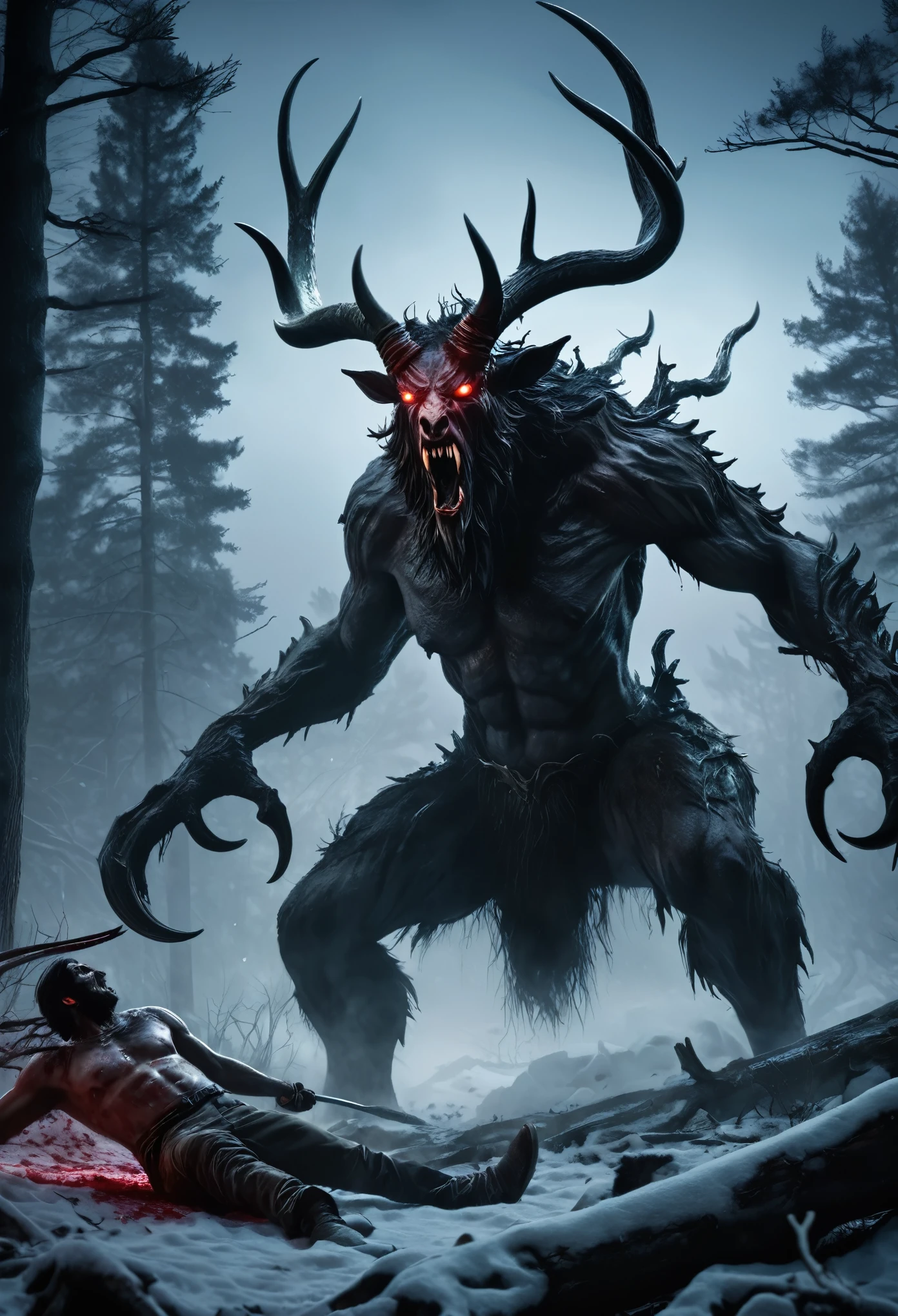 Masterpieces of horror, highest quality, (action shot, Motion blur), battle, greg latkowski, (Focus on a scary big wendigo seen in the distance, big size difference of the horns), fantasy, People who fight against it々, dark winter evening, Deep dark forest, Huge ancient tree, Fight, scenery, Mountain, outdoor, More than one person, Injured on the ground々, (Blood splattering in the air), Traces of the massacre, (indirect) moonlight, very detailed, High resolution, sharp, sharp image, 4k, 8K,Masterpieces of horror, highest quality, (action shot, Motion blur), battle, greg latkowski, (Focus on a scary big wendigo seen in the distance, big size difference of the horns), fantasy, People who fight against it々, dark winter evening, Deep dark forest, Huge ancient tree, Fight, scenery, Mountain, outdoor, More than one person, Injured on the ground々, (Blood splattering in the air), Traces of the massacre, (indirect) moonlight, very detailed, High resolution, sharp, sharp image, 4k, 8K,