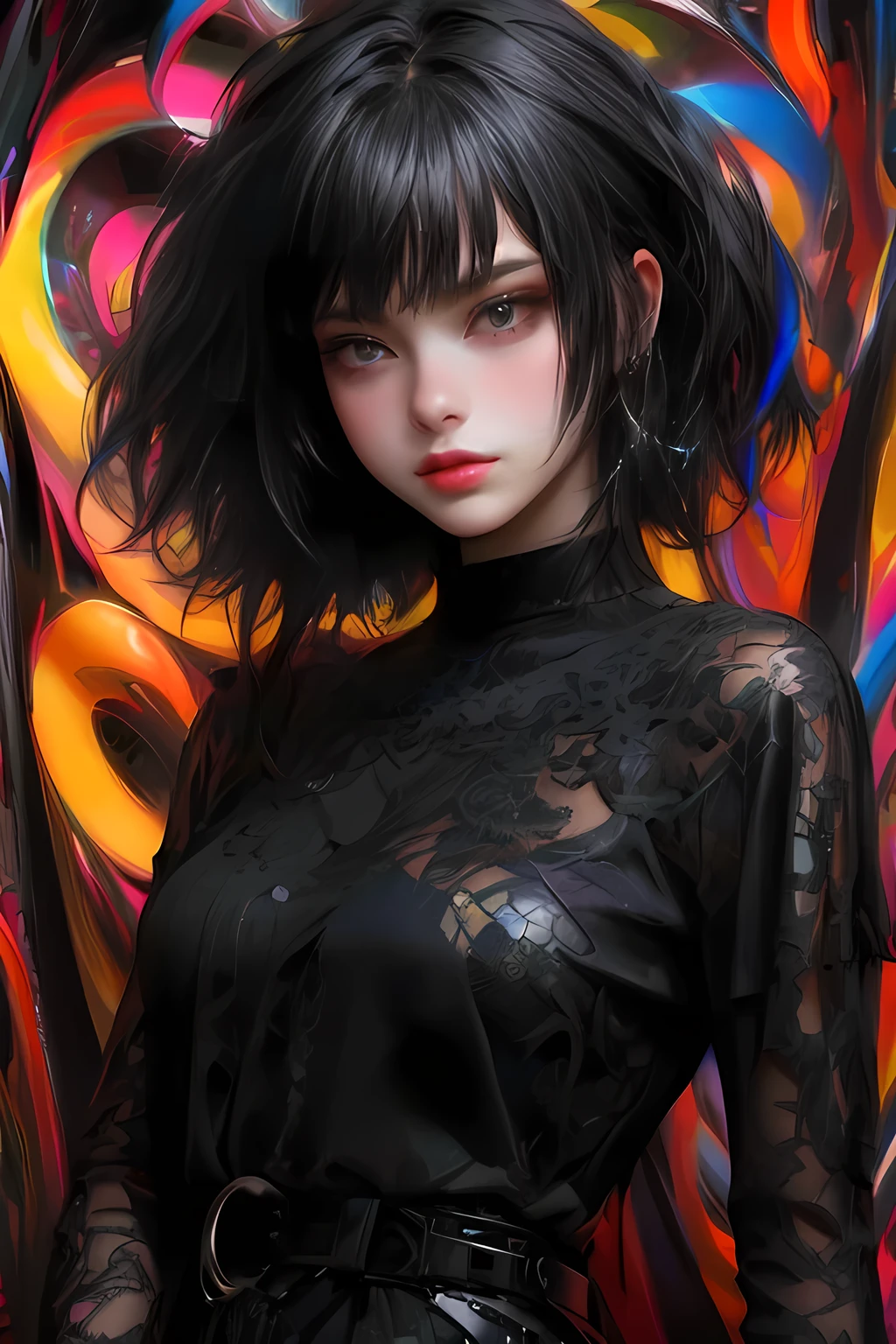 Stand in front of colorful backgrounds、A gothic-style woman with black hair wearing a black top, Spectacular 3D Abstract Emo Girl, Anime Style. 8k, 8K high quality, detailed art, Anime Style 4 k, Anime Styled 3d, Highly detailed digital art in 4K, [ 4k digital art ]!!, Cyberpunk girl with jet black hair, Dark art style