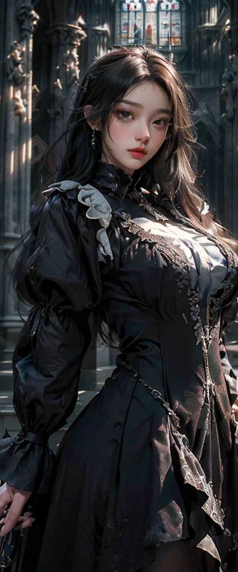 masterpiece, highest quality, High resolution, photorealistic, High resolution, Raw photo, ((Largest Gothic building in Italy, Milan Cathedral))、((1girl, Young woman in gothic dress, detailed face and eyes, beautiful face, ponytail, shiny skin, realistic skin texture, long sleeve, big breasts, big ass)), (Gothic fashion is dark, mysterious, and exotic).