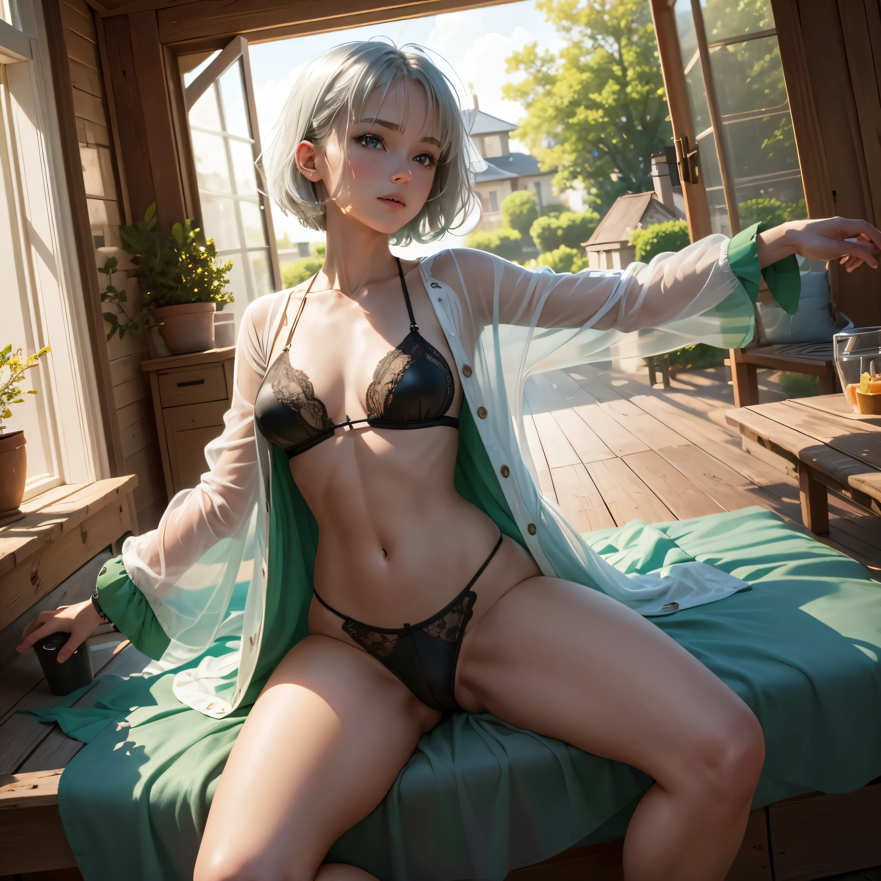 masterpiece, highest quality,Very detailed,Hyper Details, cinematic Light,, One underwear girl, alone, Open legs in a chair, Outdoor, Summer House, 座るting in the Summer House,  plant, table, chandelier, Candles, Wind, Green Eyes, Pan Green Silver Hair, short hair, Floating Hair, Light, Light frown, profile,View your viewers, dynamic_angle,The see-through happi coat is unbuttoned,Lying in bed