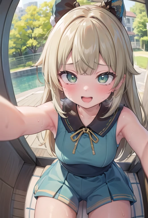 masterpiece,16k,8k,Delicate expression,highest quality,high resolution,High resolution,Sweat,1girl,look at viewer,blush,happy smile,sweat stains,steam,wet,fish eye lens,cowboy shot,summer,from front,from above,(pov:1.4),fisheye lens,upper body,open mouth,kiss,show off armpits,sleeveless,class room,blond hair,green eyes,cat eyes,sitting,