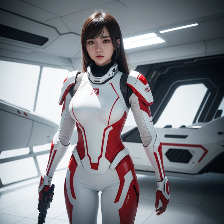 a young beautiful woman in white and red high-tech armor with an electric rifle on her shoulder stands half-turned. In front of her is a futuristic spaceship. Full frame in Unreal Engine 5 style. light and shadow