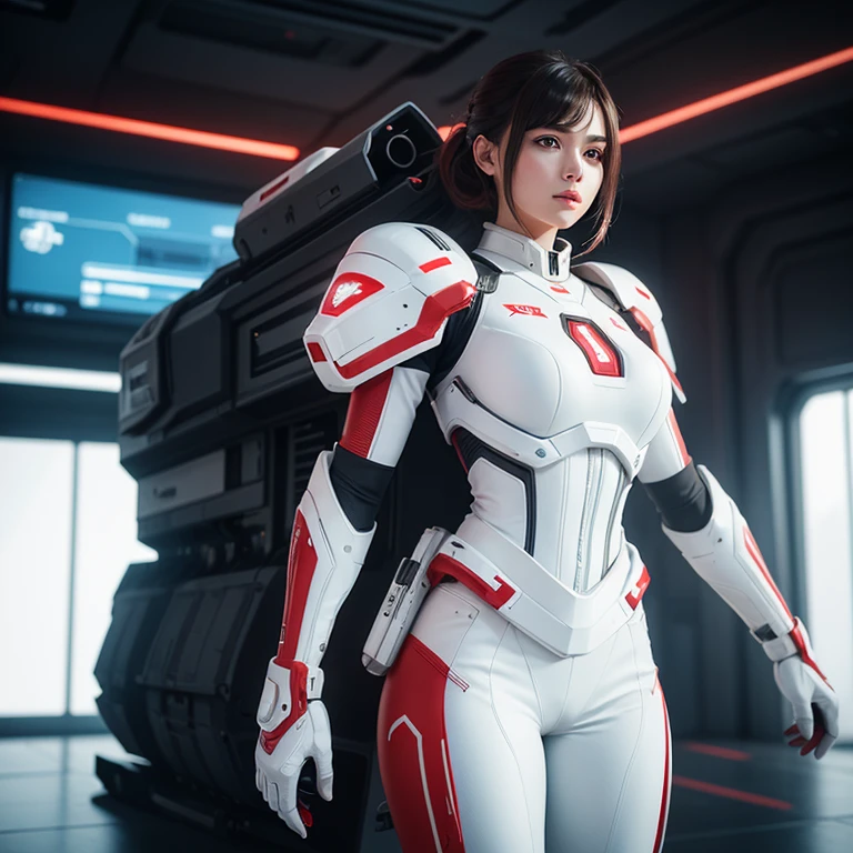 a young beautiful woman in white and red high-tech armor with an electric rifle on her shoulder stands half-turned. In front of her is a futuristic spaceship. Full frame in Unreal Engine 5 style. light and shadow