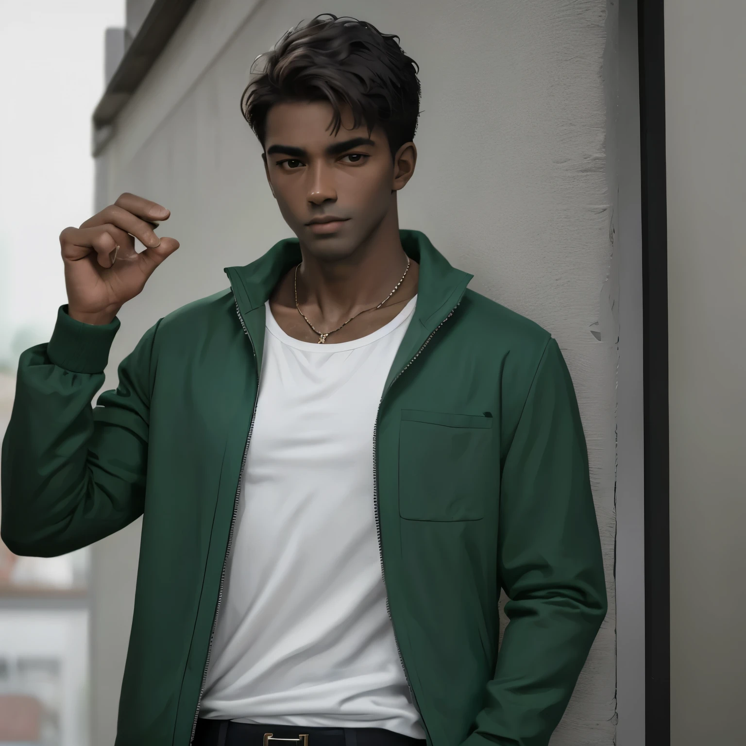 Dark skin brazilian man with short hair and green jacket, 8k, HD