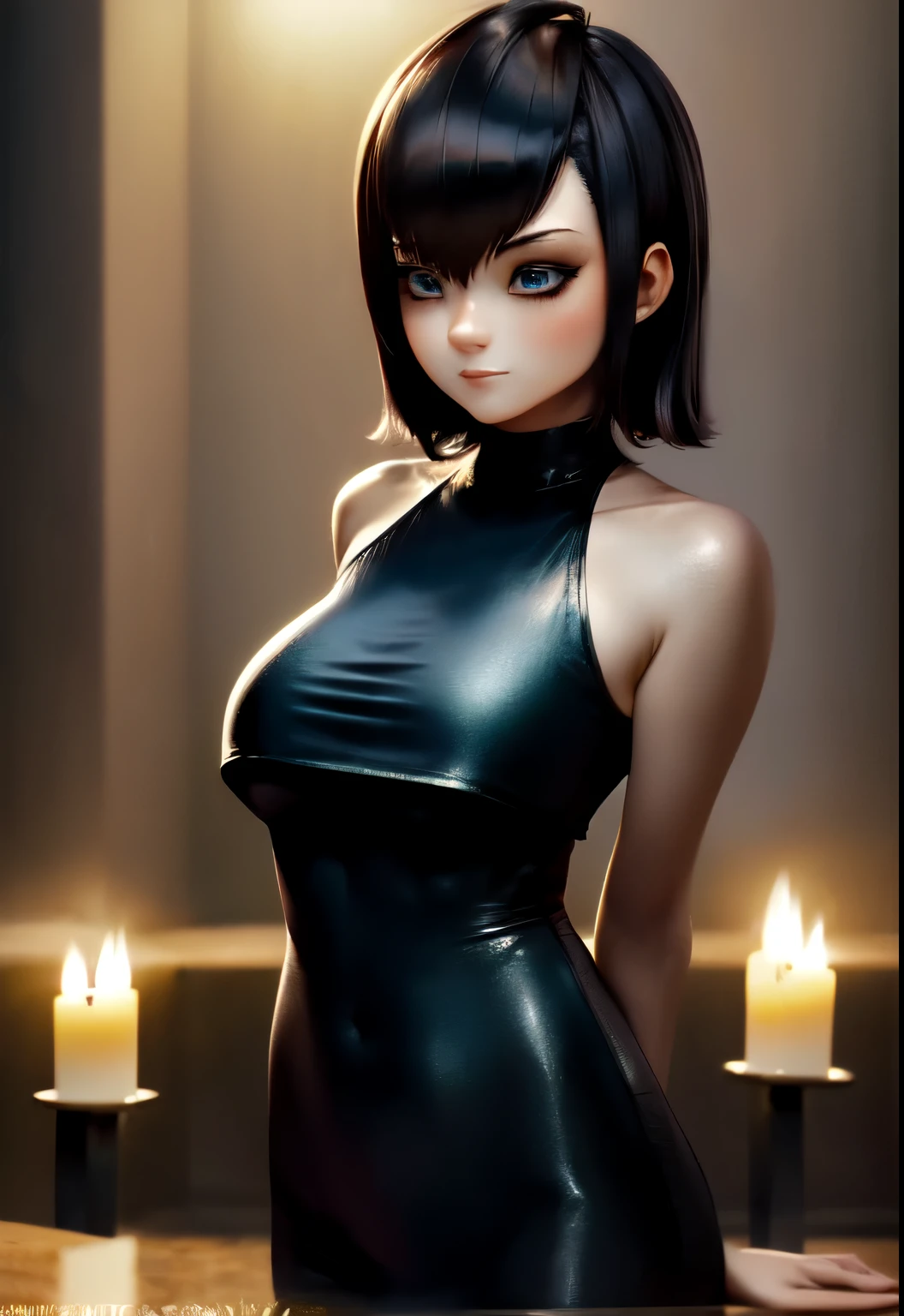 (Digital Artwork:1.3), 1girl, sfw, mavis_dracula, 1girl, solo,, light skin, quarter turn,1/4 body pose, upper body view, eyes focus, looking at the viewer, (flirty facial expression:1.3), blue eyes,  body, in early twenties,  breasts, goth outfit, luxurious spa with candlelit ambiance, (masterpiece, best quality, absurdres, detailed, ultra-detailed:1.3), alluring, (trending on CGSociety, trending on pixiv, contest winner:1.3)