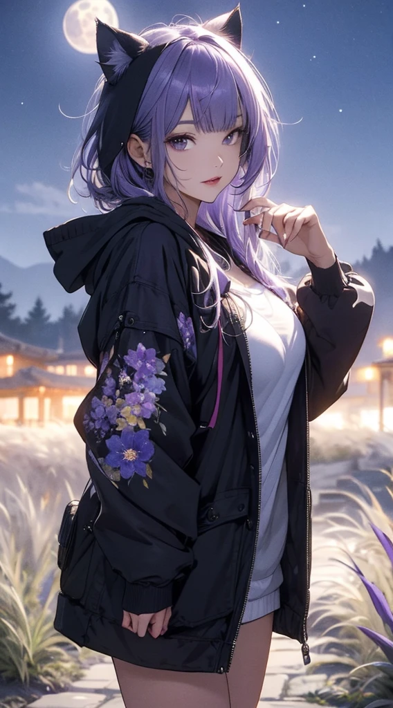masterpiece, high quality, 4K, Beautiful design, silhouette,Light purple hair, 非常に詳細な夜のStarry Sky,Flower Field, wonderful, Finer details, Very knowledgeable woman, Highly detailed solo, 1 female,Cat ear,Big Breasts,Shiny skin texture,Hooded parka,Night view,Starry Sky,full moon,