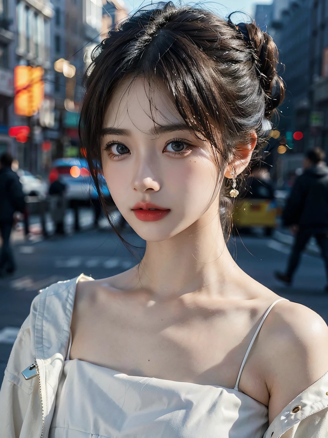 1girl, (looking at viewer:1.2), detail face, (a girl standing, rending on cgsociety, black shadows, streaming, new york backdrop), romanticism, atmospheric, (RAW photo, best quality), (realistic, photo-realistic:1.3), masterpiece, an extremely delicate and beautiful, extremely detailed,Hair in a bun，Wear delicate earrings， D cup，Cleavage，White gauze coat，Translucent white tube top1.5，