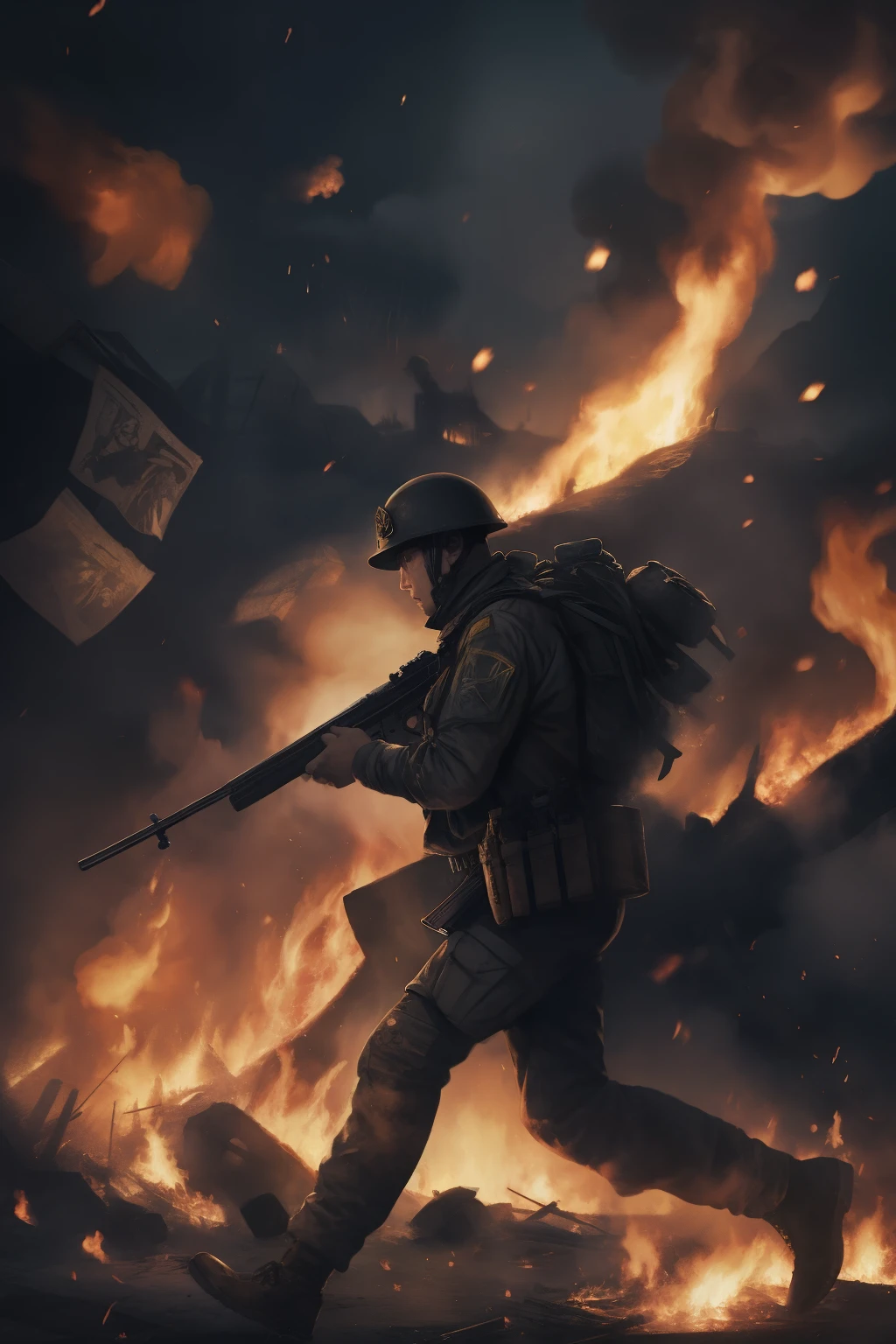Flames on background、soldier、running、male、Have a hunting gun、explosion、World War II、More than one person、