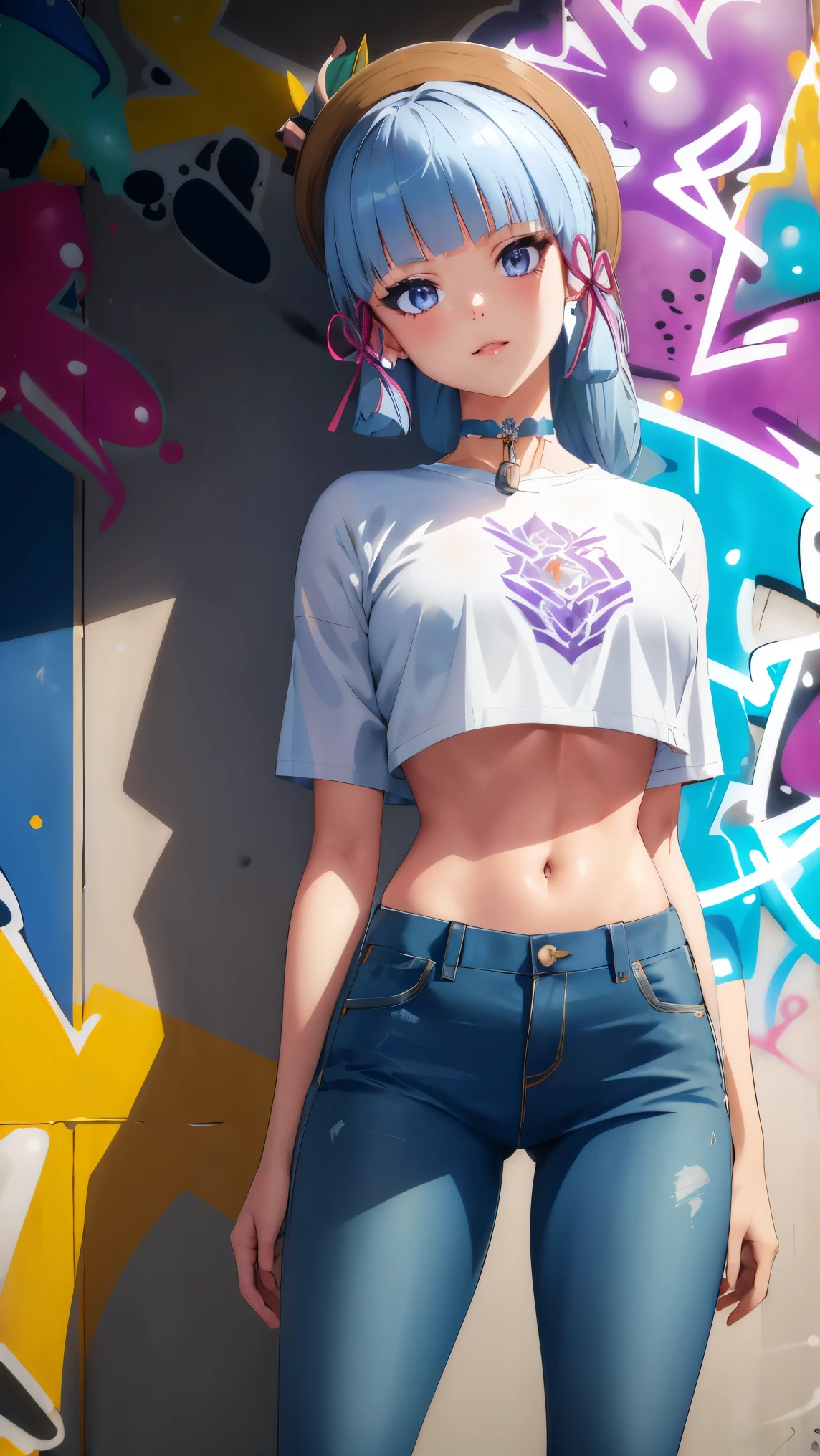 kamisato ayaka|genshin impact, master-piece, bestquality, 1girls,25 years old, proportional body, elongated legs, Beautiful, proportional,
BREAK (crop top, Long Jeans, bara, crop top, choker,Thigh strap, Head tilt:1.2),
BREAK (Graffiti:1.5), Splash with purple lightning pattern, arm behind back, against wall, View viewers from the front, bored,
BREAK (masterpiece:1.2), best quality, high resolution, unity 8k wallpaper,NSFW ,(illustration:0.8), extremely detailed face, perfect lighting, extremely detailed CG, (perfect hands, perfect anatomy),