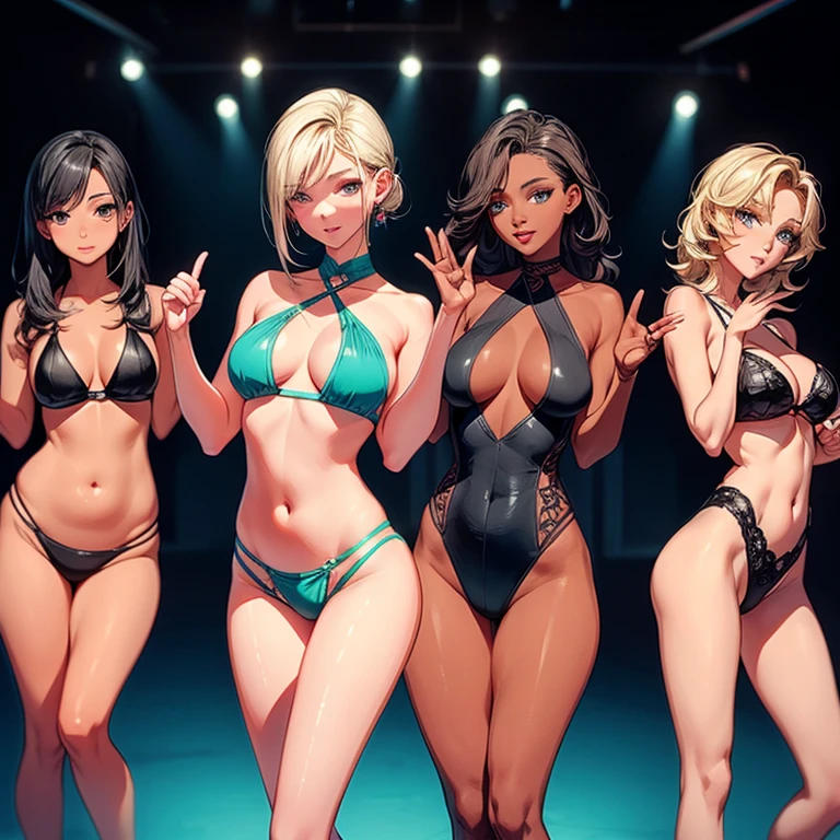 A Charming Quartet of Slender Goddesses, each embodying the epitome of Sex Symbols, grace the scene with their captivating presences. Clad in a Micro Bikini that accentuates their delicate curves, the quartet captivates with their Sexy Poses and irresistible Cute Smiles. Illuminated by a radiant, professional lighting, their flawless, tanned skin glows under the warm, micro-beam spotlight. The anatomically accurate, intricate details of their well-defined fingers accentuate their ethereal beauty. The background is a blur of vibrant, surreal colors, creating a striking contrast against their rad