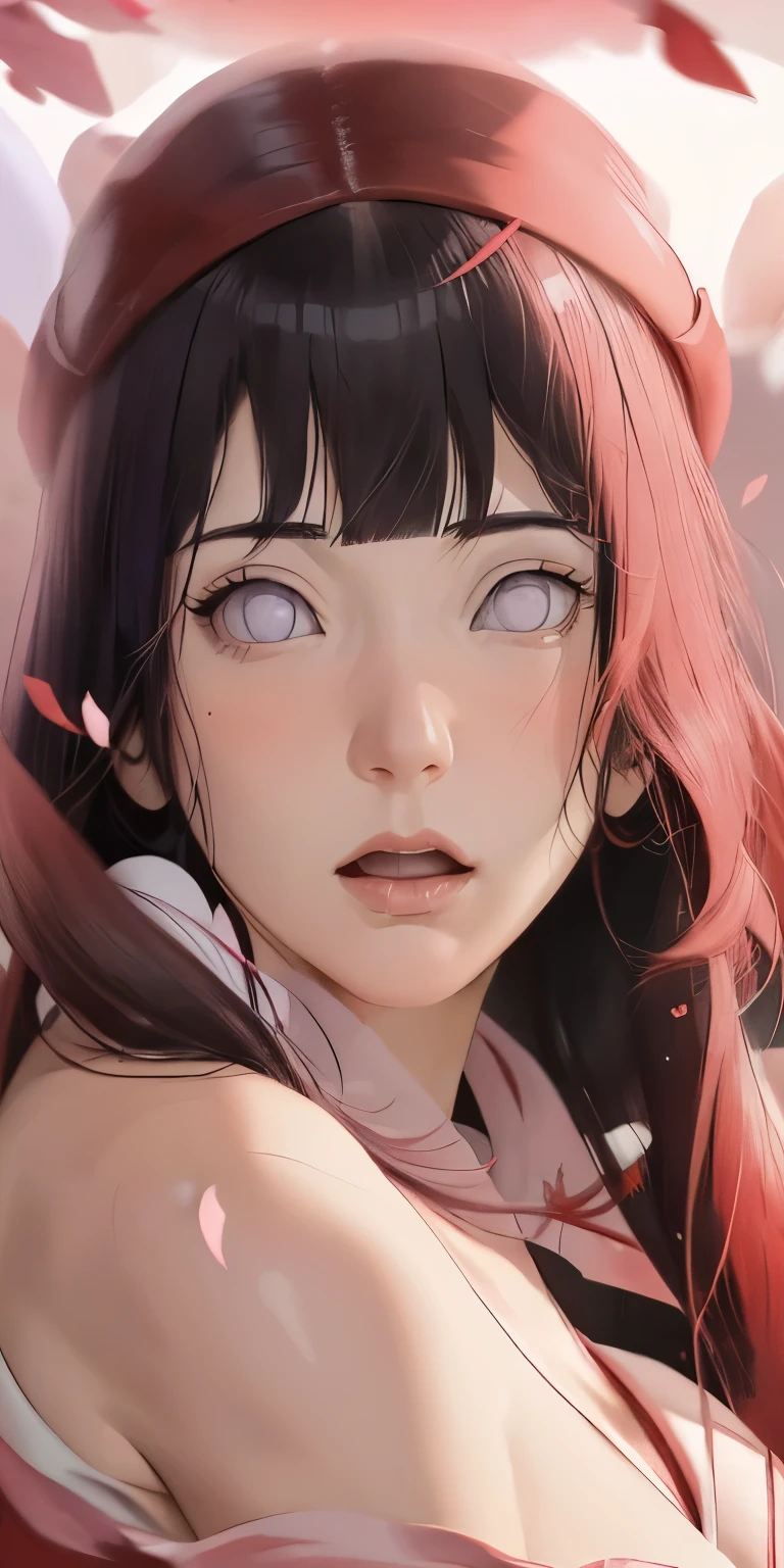 hat (((red and white clothes)))masterpiece, absurdres, hinata\(boruto\), 1girl, solo,mature female, off-shoulder crop top, looking at viewer, (falling petals), perfect composition, detailed lips, big breast, beautiful face, body propotion, blush, (pink lips), long hair, purple eyes, soft gaze, super realistic, detailed, photoshoot, realistic face and body, expression, seductive expression,(very huge bare tits)( red microdress )