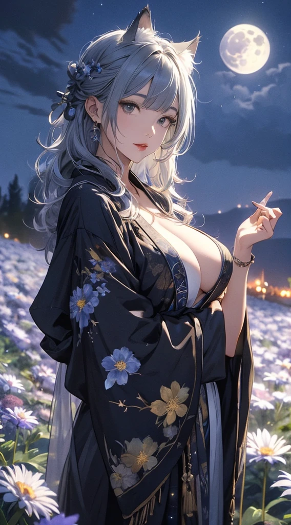 masterpiece, high quality, 4K, Beautiful design, silhouette,Gray Hair, 非常に詳細な夜のStarry Sky,Flower Field, wonderful, Finer details, Very knowledgeable woman, Highly detailed solo, 1 female,Shiny skin texture,Cat ear,Big Breasts,kimono,Night view,Starry Sky,full moon,