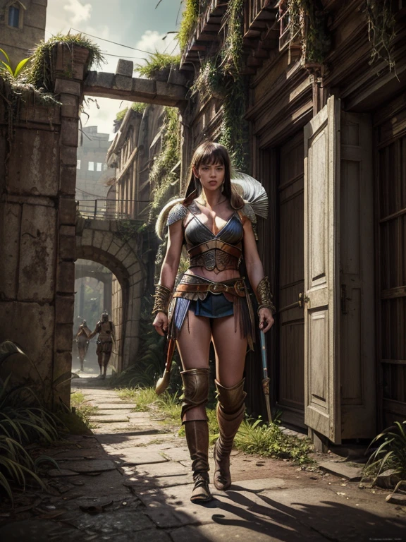 a portrait picture of Xena the Amazon Warrior Stands, detailed face, perfect face, ornated warrior costume, at the Gate of an ancient and weathered Metropolis City with overgrown plants in the streets, Insanely detailed Scene, realistic, masterpiece Don Lawrence Style, ultra sharp and focus, ultra high resolution, 8k, hyoer maximalist Octane render