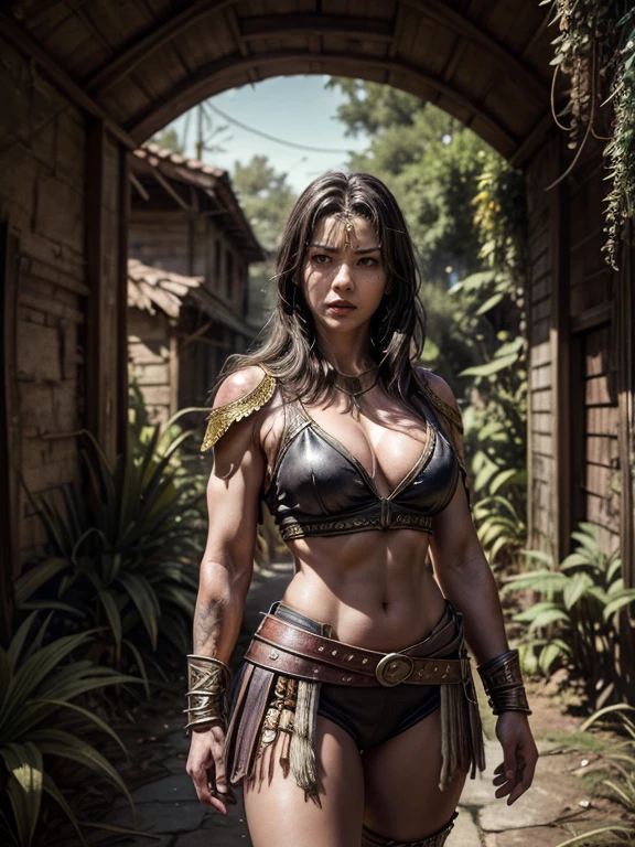 a portrait picture of Xena the Amazon Warrior Stands, detailed face, perfect face, ornated warrior costume, at the Gate of an ancient and weathered Metropolis City with overgrown plants in the streets, Insanely detailed Scene, realistic, masterpiece Don Lawrence Style, ultra sharp and focus, ultra high resolution, 8k, hyoer maximalist Octane render