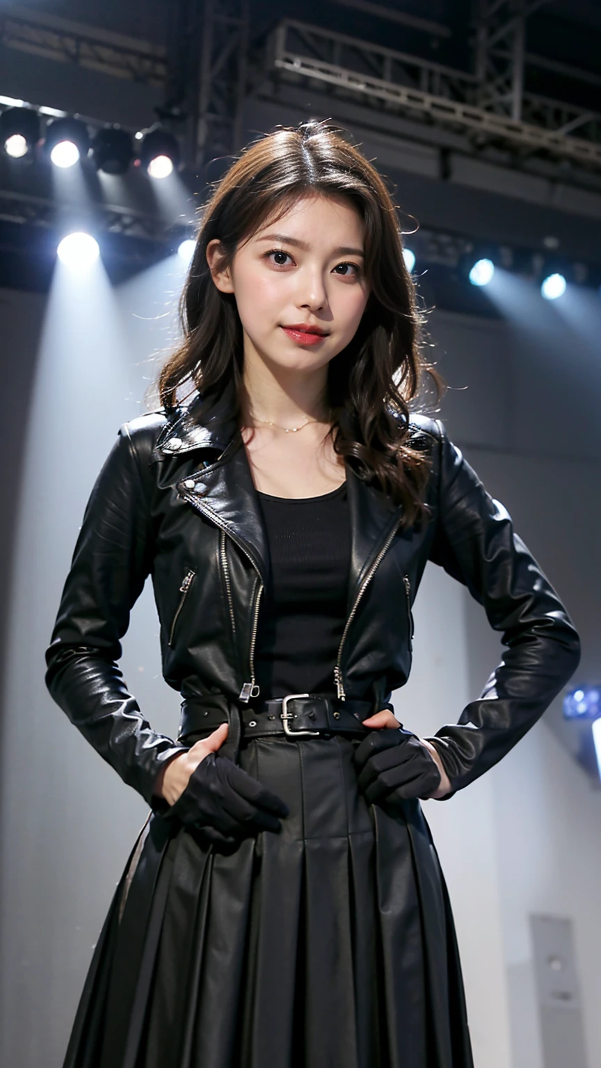 (8k、RAW Photos、highest quality、masterpiece:1.2)、(Realistic、Realistic)、1 girl、((belt、Black Leather Jacket、inner、Fingerless gloves、Long skirt、Long skirt、Large Breasts、View from the front、stage、Spotlight、whole body、Standing with hands on hips))、Lots of eyelashes、Glowing eyelids、skeletally correct