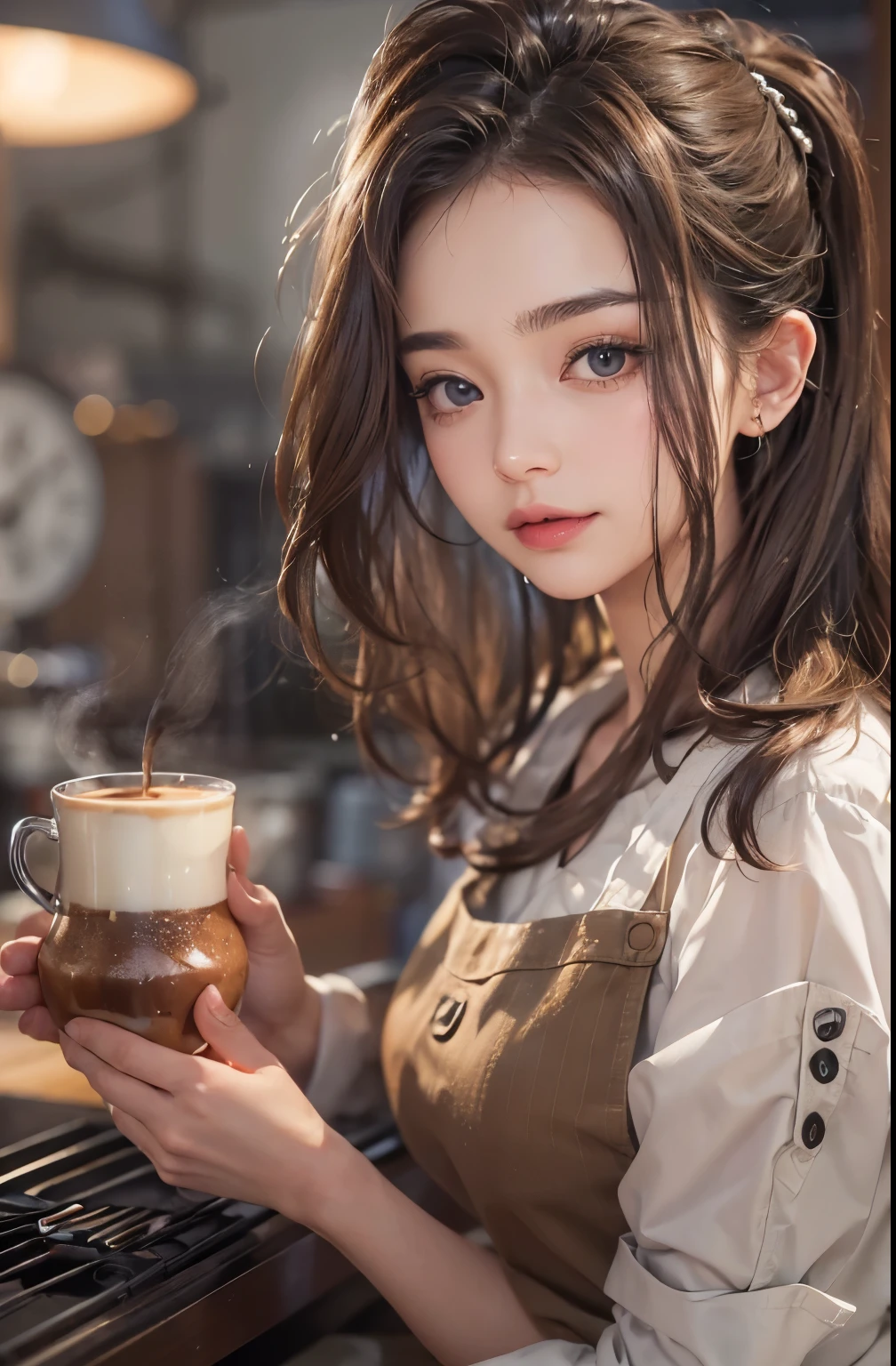 ((highest quality、8K、masterpiece:1.3))、standing、Sharp focus:1.2、(Realistic、Photorealistic:1.37)、Laughter、Woman with beautiful face、28 years old、Pointed Chest、Long eyelashes、Colored Contact Lenses、big 、Delicate、Very fine grain、Highly detailed eyebrows、(Sharp eyebrows)、(Thin eyebrows).Highly detailed face、(Brunette messy hair:1.3、From below、Detailed Background(8K、masterpiece、highest quality、Raw photo、Brunette messy hair:1.3、Inside the cafe、A woman dripping coffee、Apron appearance、pantyhose:1.2、Coffee Roasting