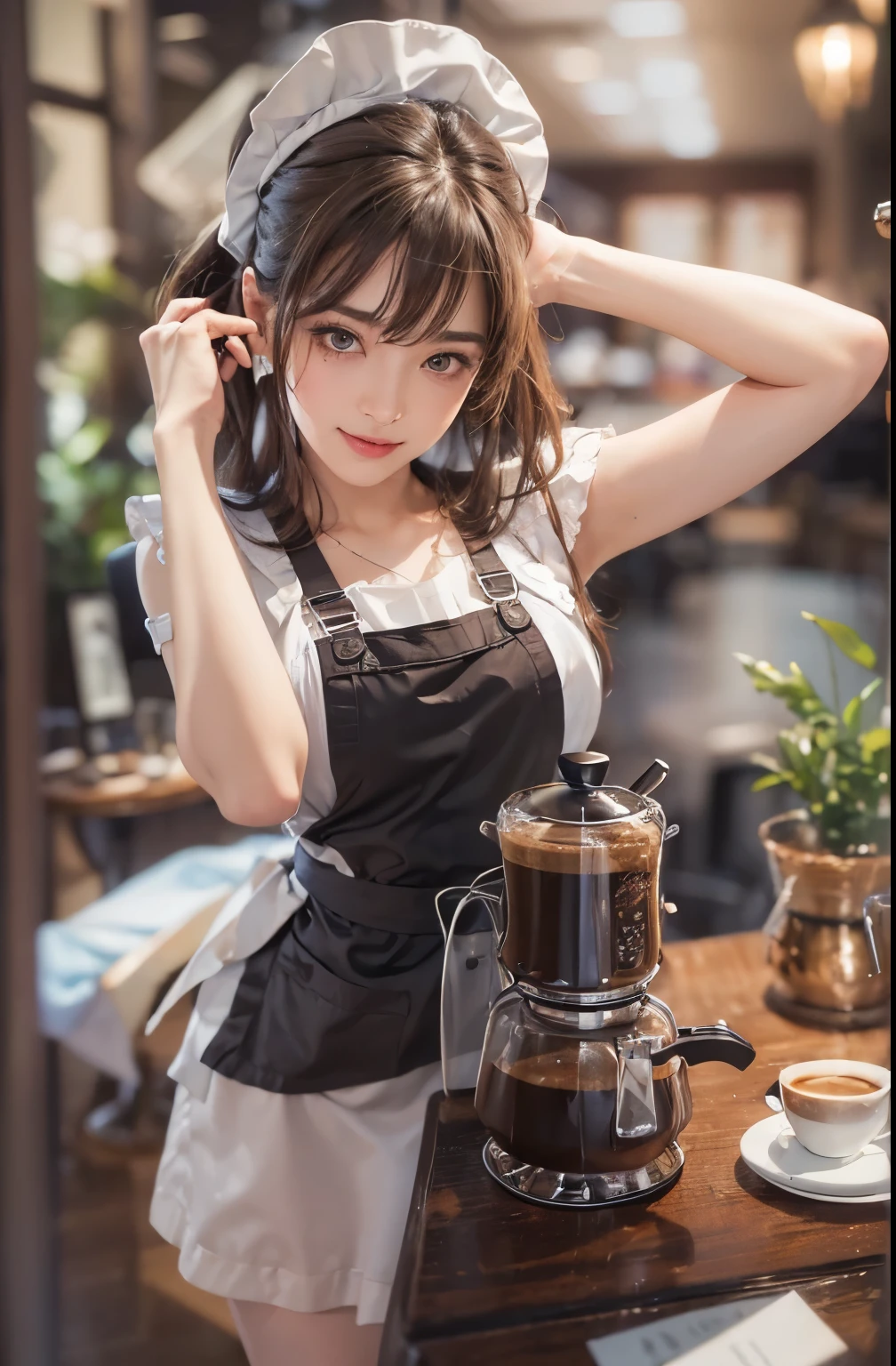 ((highest quality、8K、masterpiece:1.3))、standing、Sharp focus:1.2、(Realistic、Photorealistic:1.37)、Laughter、Woman with beautiful face、28 years old、Pointed Chest、Long eyelashes、Colored Contact Lenses、big 、Delicate、Very fine grain、Highly detailed eyebrows、(Sharp eyebrows)、(Thin eyebrows).Highly detailed face、(Brunette messy hair:1.3、From below、Detailed Background(8K、masterpiece、highest quality、Raw photo、Brunette messy hair:1.3、Inside the cafe、A woman dripping coffee、Apron appearance、pantyhose:1.2、Coffee Roasting