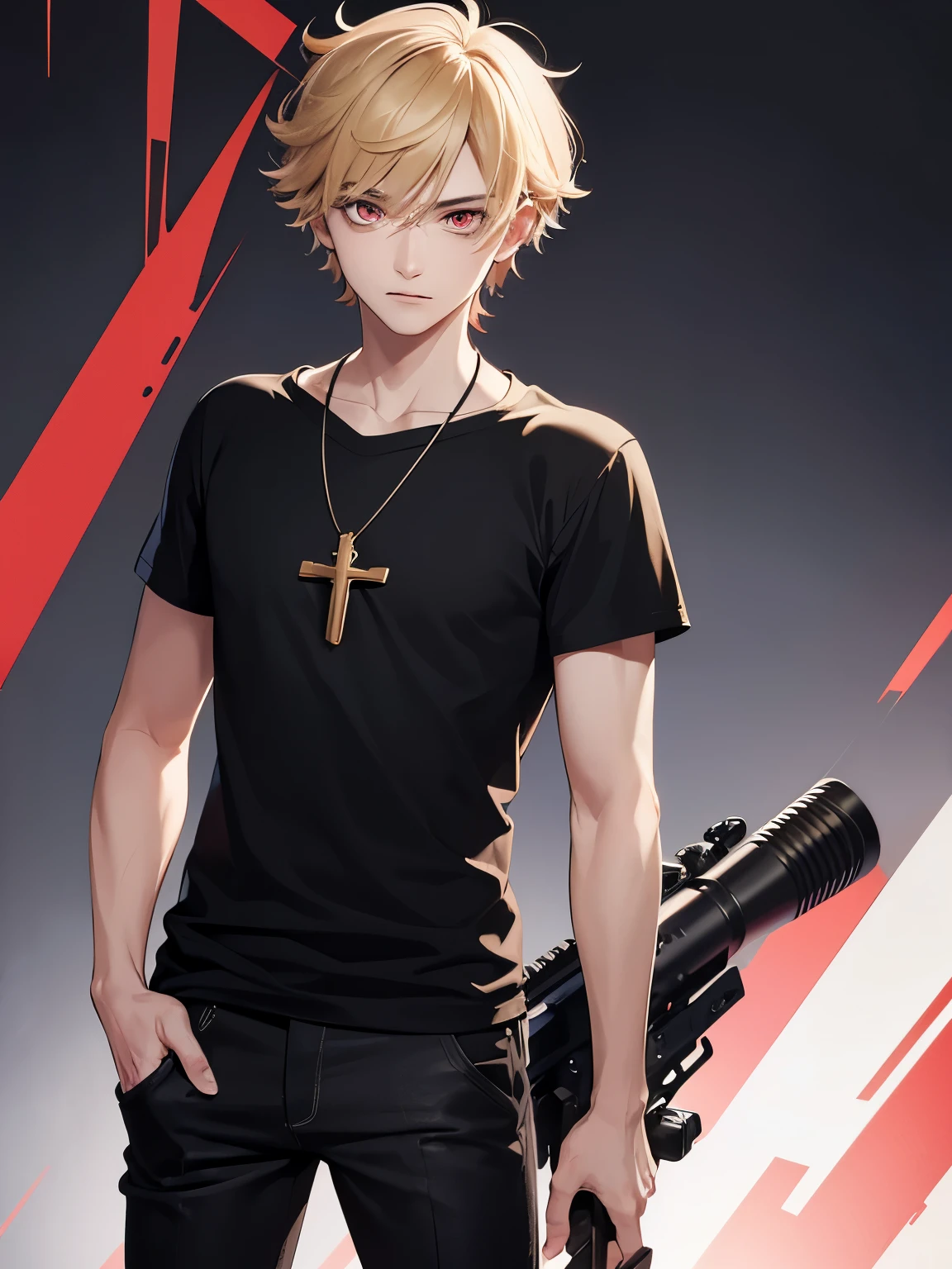 1boy,handsome,15 years old,Standing, holding a sniper,half body photo,Perfect face, HD face, ultra detailed face, short hair, blonde hair, messy hair, bright red eyes, vampire, black t-shirt, black trousers, cross necklace,ultra detailed, ultra HD