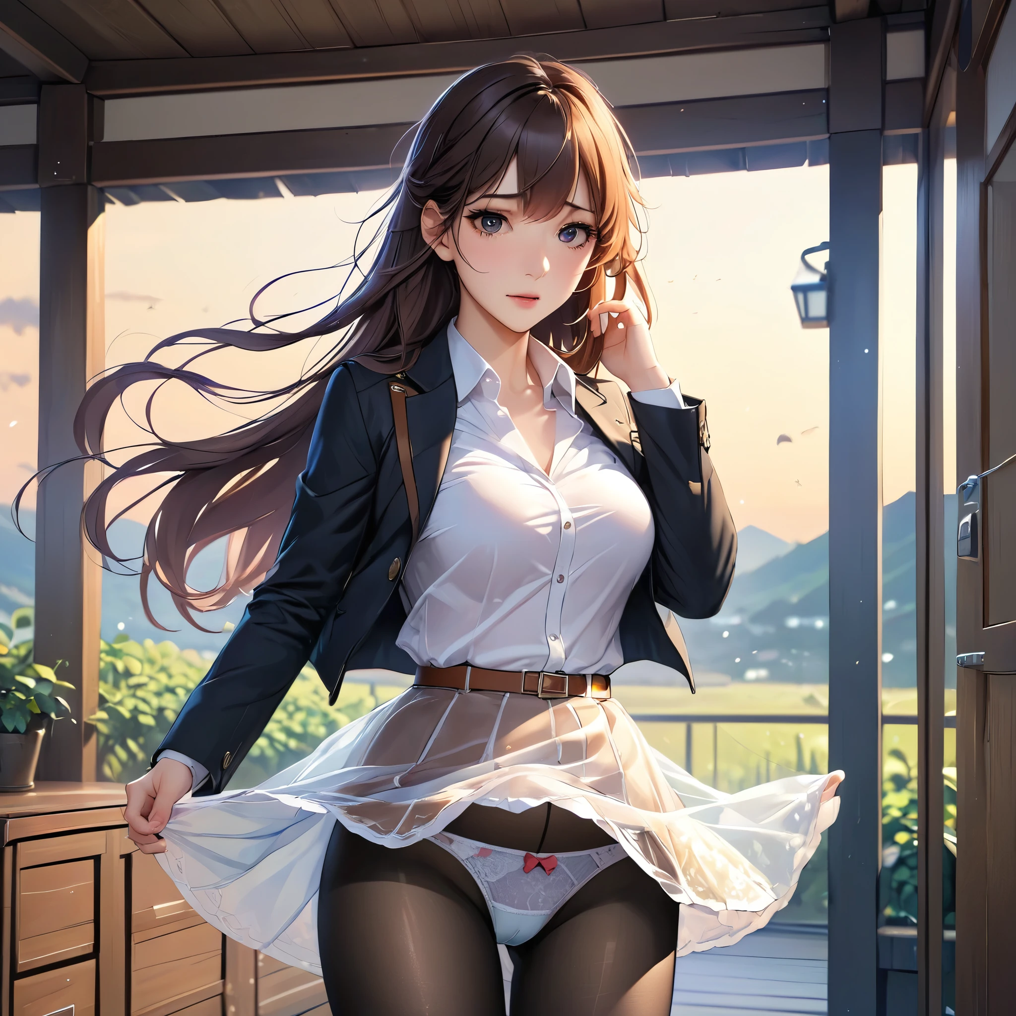 One girl, Pantiesー,Skirt Lift,((Under the skirt)),((Panty shot)),(黄色いPanties),((Small Pantiesー)),(((See-through Pantiesー))),(((Black Pantyhose))),白いレースのPantiesー, ,Are crying,Anguished expression、Embarrassed look,8k,Realistic、Anime illustration,CG、masterpiece, highest quality, 1 girl, alone, Large Breasts, Pantiesー under Black Pantyhose, (Skirt flip:1.1), (show off Pantiesー:1.1), Embarrassing, ((リアルな質感のPanties)),((RealisticなPanties)),((ぴったり張り付いているPanties)),((Panties)),((透け透けPanties))、wind lift, panties、Being outside、The wind is blowing her skirt up、Wearing a urprised by the wind、A strong wind is blowing、