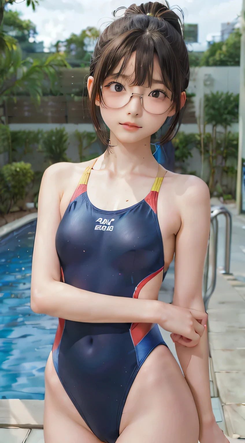 highest quality, RAW Photos, Realistic, face, Incredibly beautiful girl, cute, Long Hair,ponytail,Glasses,Written boundary depth, High resolution, Super detailed, detailed, Very detaileded, extremely detaileded eye and face, Sharp pupils, Realistic students, Sharp focus, Cinema Lighting, Japanese, Short women, Physical build, Short arms, Long, narrow eyes, Fleeting atmosphere, , Brown bob hair, ((thin lips)), White top and bottom underwear, Masterpiece, highest quality, Detailed skin, Detailed face, Fine grain, 8k, Excellent anatomy, Upper body portrait,flat breasts, small breasts, small,( small bust: 1.2), small bust, (slim, small, flat, small), thin, Delicate and sexy collarbone, One Girl, (Beautiful girl, Delicate girl:1.3), (12 years old, (One piece swimsuit, Swimsuit:1.2),
break, (Pool:1.3),
break, Very beautiful eyes, (Symmetrical eyes:1.3),
break, , Brown eyes, Parted bangs, Brown Hair, (Upper teeth, The best smile:0.2),
break, (Eyes and face detail:1.0),
break, (masterpiece, highest quality, Super detailed, Detailed face, 8k)
