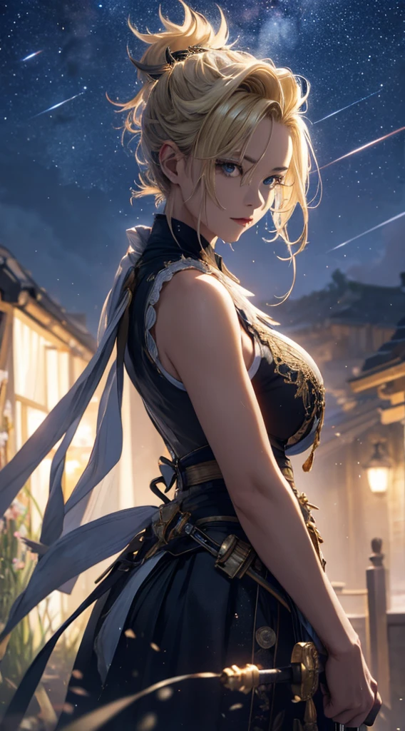 masterpiece, high quality, 4K, Beautiful design, silhouette,Blonde Mohawk,, 非常に詳細な夜のStarry Sky,Flower Field, wonderful, Finer details, Very knowledgeable woman, Highly detailed solo, 1 female,Beautiful Eyes,tears,Big Breasts,White sleeveless,rain,Night view,Starry Sky,full moon,