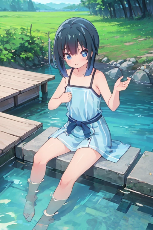 (Facing the camera directly), (immerse yourself in water to chest depth), Realistic beautiful girl full body portrait, 13 years old, Great face, In a sitting position, Water Play, Midsummer sky and Japan countryside, Cinematic, Real life people,