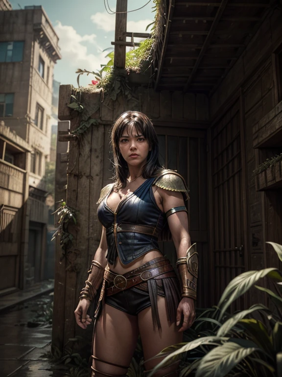 a portrait picture of Xena the Amazon Warrior Stands, detailed face, perfect face, ornated warrior costume, at the Gate of an ancient and weathered Metropolis City with overgrown plants in the streets, Insanely detailed Scene, realistic, masterpiece Don Lawrence Style, ultra sharp and focus, ultra high resolution, 8k, hyoer maximalist Octane render