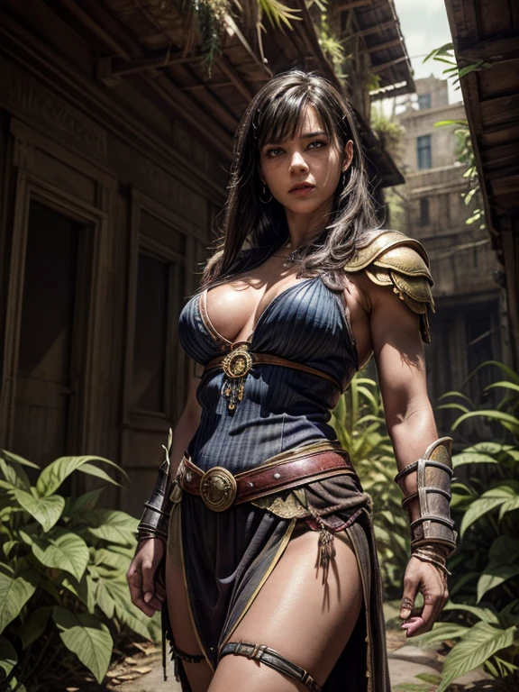 a portrait picture of Xena the Amazon Warrior Stands, detailed face, perfect face, ornated warrior costume, at the Gate of an ancient and weathered Metropolis City with overgrown plants in the streets, Insanely detailed Scene, realistic, masterpiece Don Lawrence Style, ultra sharp and focus, ultra high resolution, 8k, hyoer maximalist Octane render
