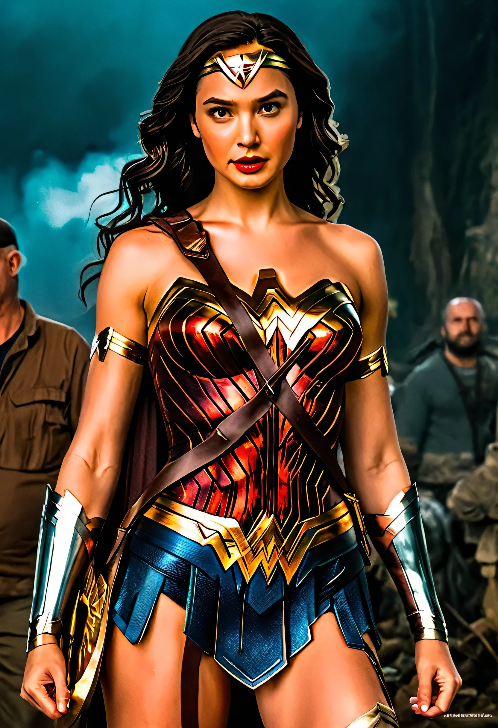 (foto crua, melhor qualidade), (realista, foto fotorrealista: 1.3), melhor qualidade, Altamente detalhado, obra de arte, ultra detalhado, illustration, Maravilha cinematic universe, Maravilha, guerreira + Wonder Woman&#39;s unique combination, Gal Gadot, Linda diana prince com traje azul e branco sem capacete, tronco, detalhes altos no vestido, melhor qualidade, papel de parede CG unificado 8k extremamente detalhado, tinta, Incredible, tough look, retrato, fechar-se (textura da pele), Intrinsecamente detalhado, detalhes finos, hiperdetalhado