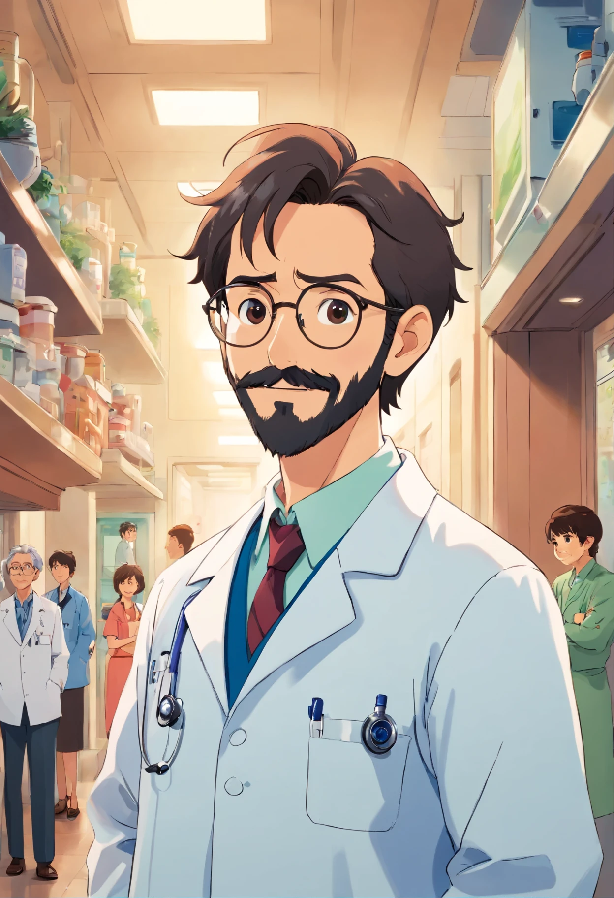 pixar movie poster, One Man, doctor, Happy, Have a short beard and moustache, Modern Hairstyles, Hospital environment