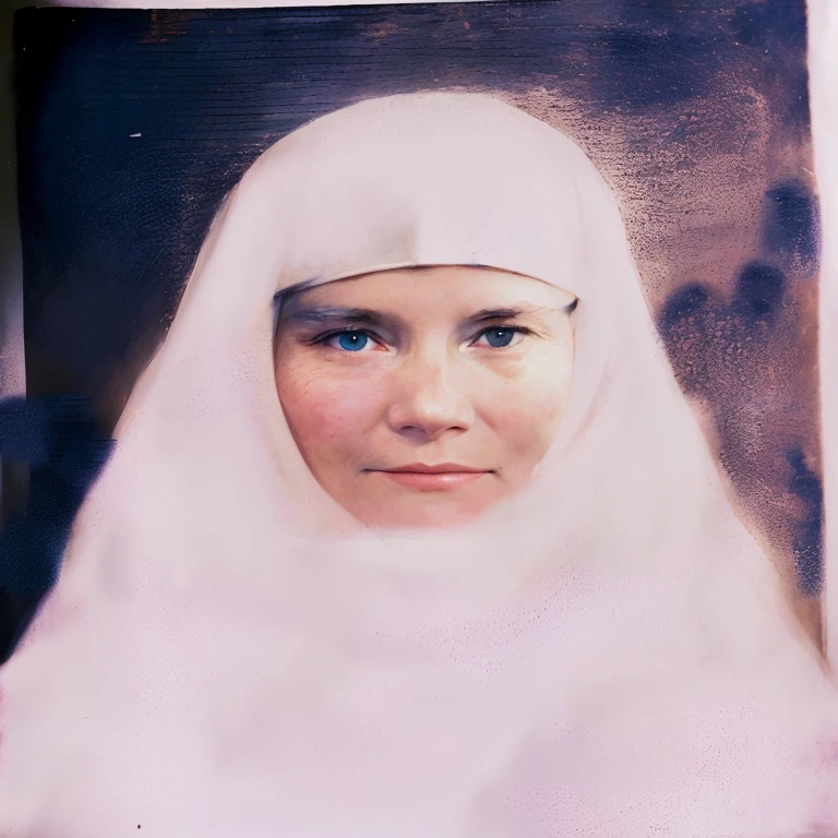 there is a picture of a woman with a veil on, mother sarah artist, photo of a woman, 3 5 mm portrait, a colorized photo, portrait n - 9, grainy photo of an ugly woman, autochrome pearl portrait, colour portrait photograph, nun, her face is coated in a whitish, colorized photograph, color portrait, colourized, restored photo