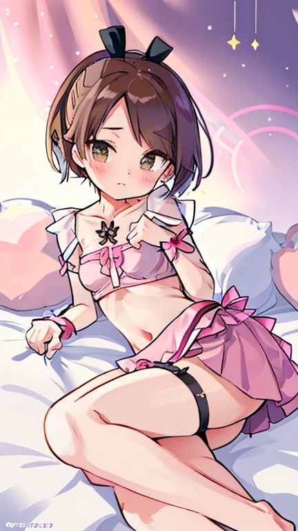 ((Browsing Caution)),Beautiful illustration of muscle parts, (masterpiece、highest quality、8k ),intricate detailes,ultra-detailliert,Brown_hair, ponytail, Brown_eye, short_hair, hair_ribbon, ribbon, Small breasts, 14 years、Navel exposure、Cat ear、tail、Underbust、(((Pink magical girl costume:1.3))),(((lingerie))),Frilled Skirt、On the bed,(Please lie on your back)、Focus on the thighs,