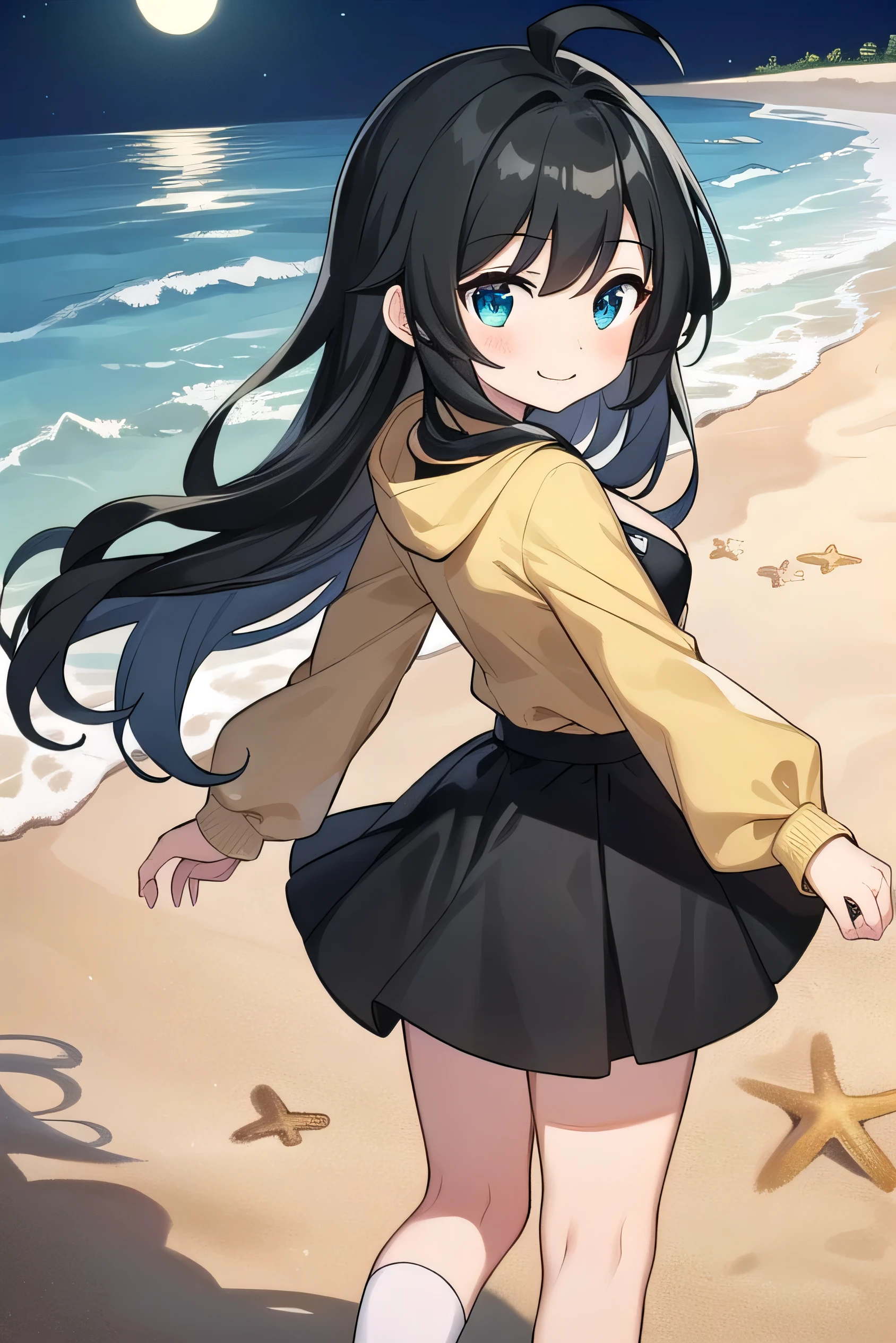 Junior high school student who looks like an elementary school student, , very short, 140 cm tall, black hair with a slight green tinge, short ahoge, beautiful long hair but with a little hair sticking out, beautiful round eyes, blue eyes, smile, boyish, long sleeves, Thick clothes, skirt, big breasts, hair longer than waist, long hair, childish face, gentle smile, a little shy, black skirt, black hair with a slight green tinge, boyish, gentle smile, jacket one size larger, ( Deep greenish black hair: 1.3),Night, moonlight, sandy beach, walking, looking back, looking back, footprints on the sandy beach
