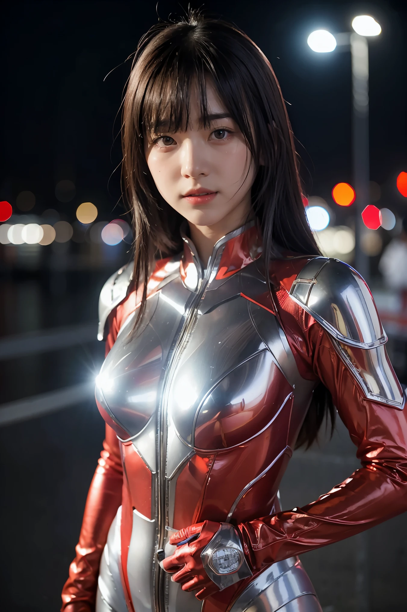 Ultraman、realistic、realistic、cinematic lighting, Girl in a shiny red and silver suit、、professional photos、Don&#39;Do not expose your skin, japanese model, japanese cgi、Ultraman Suit、, Power Rangers Suit、tight and thin cyber suit,Whole body rubbery、There&#39;s pink There、 delicate body, big breasts、small ass、thin thighs、thin arms、thin waist、camel toe、Both sides of the cyber suit stick to the skin、Big eyes、black short hair、facing the front、facing the front立っている、A glowing sphere is embedded in the chest.、Essay Examination、 blue sky background